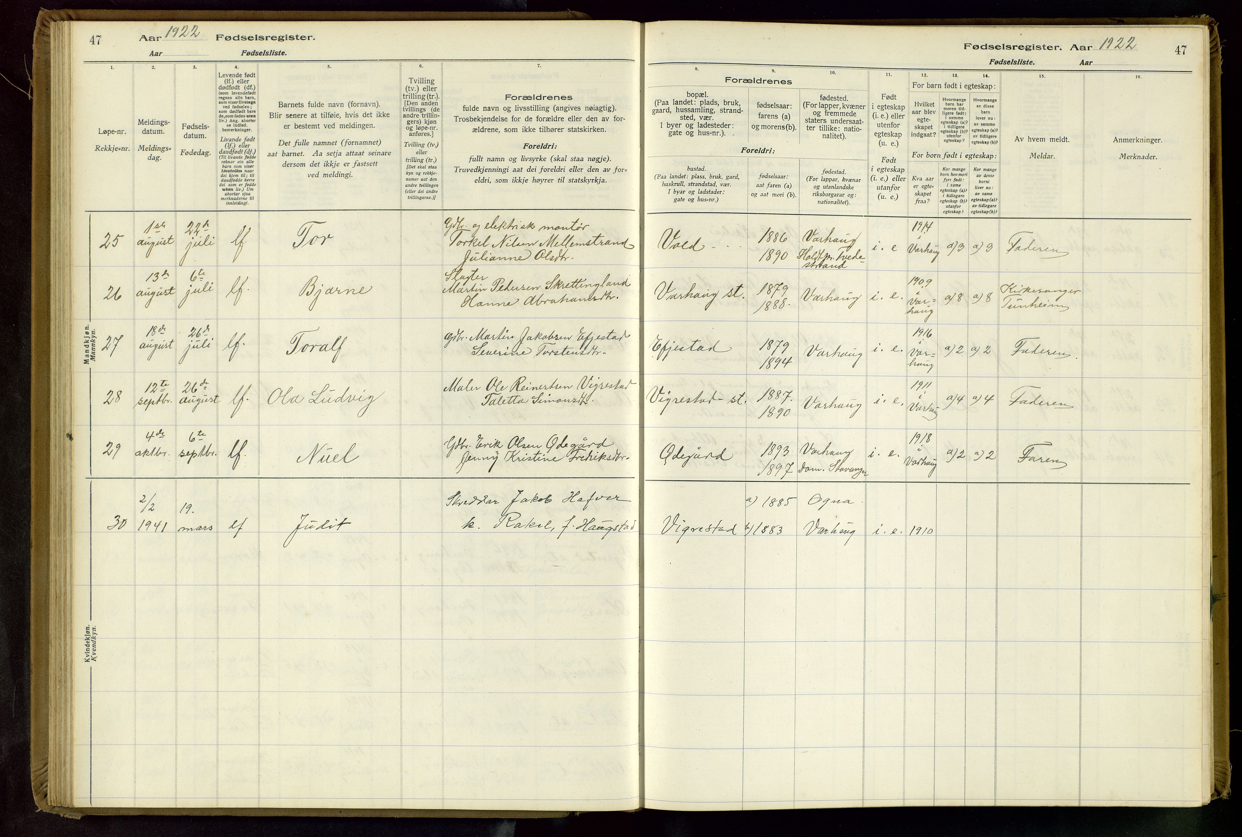 Hå sokneprestkontor, AV/SAST-A-101801/001/704BA/L0001: Birth register no. 1, 1916-1944, p. 47