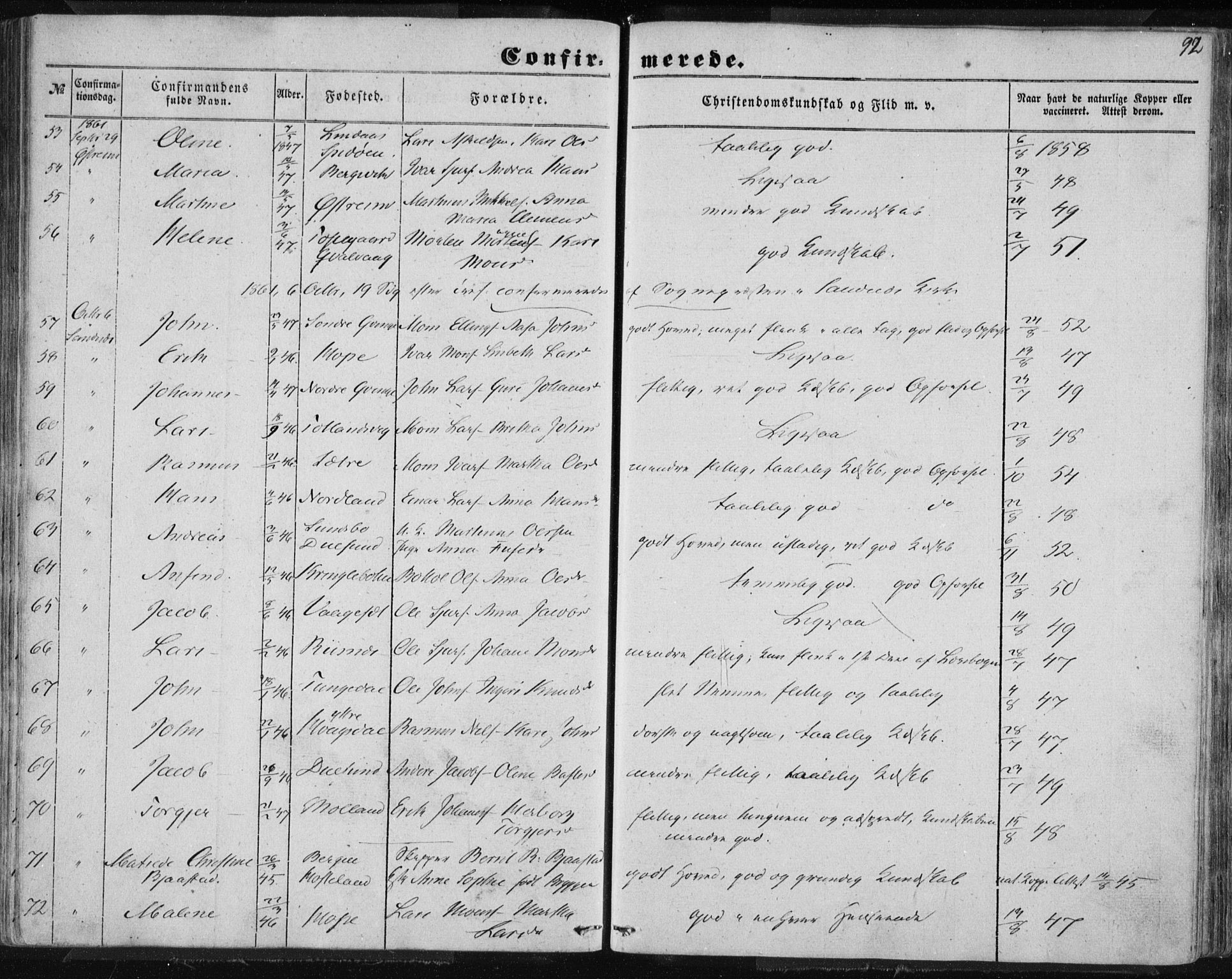 Lindås Sokneprestembete, AV/SAB-A-76701/H/Haa/Haaa/L0013: Parish register (official) no. A 13, 1848-1862, p. 92