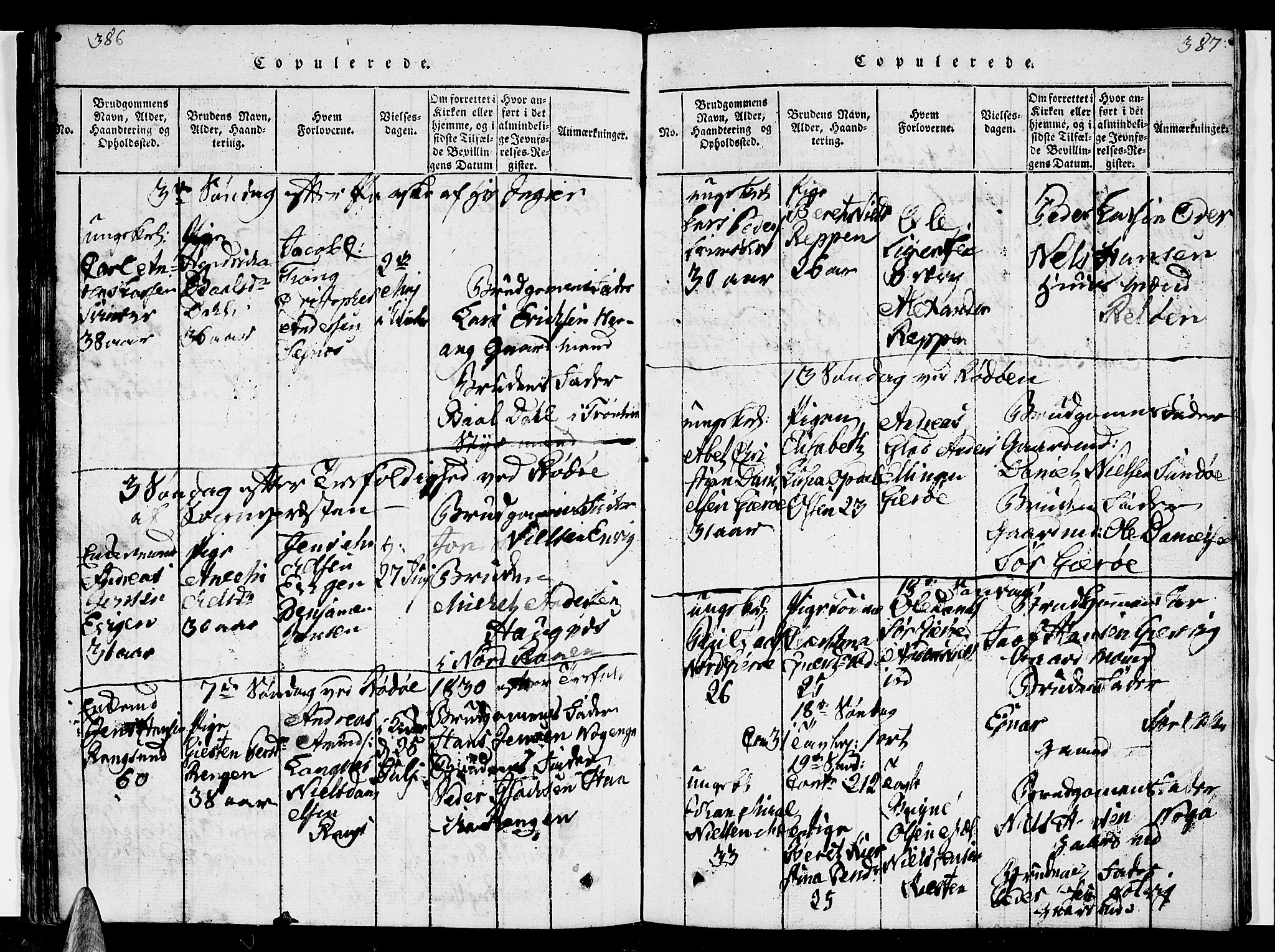 Ministerialprotokoller, klokkerbøker og fødselsregistre - Nordland, AV/SAT-A-1459/841/L0616: Parish register (copy) no. 841C01 /1, 1820-1832, p. 386-387