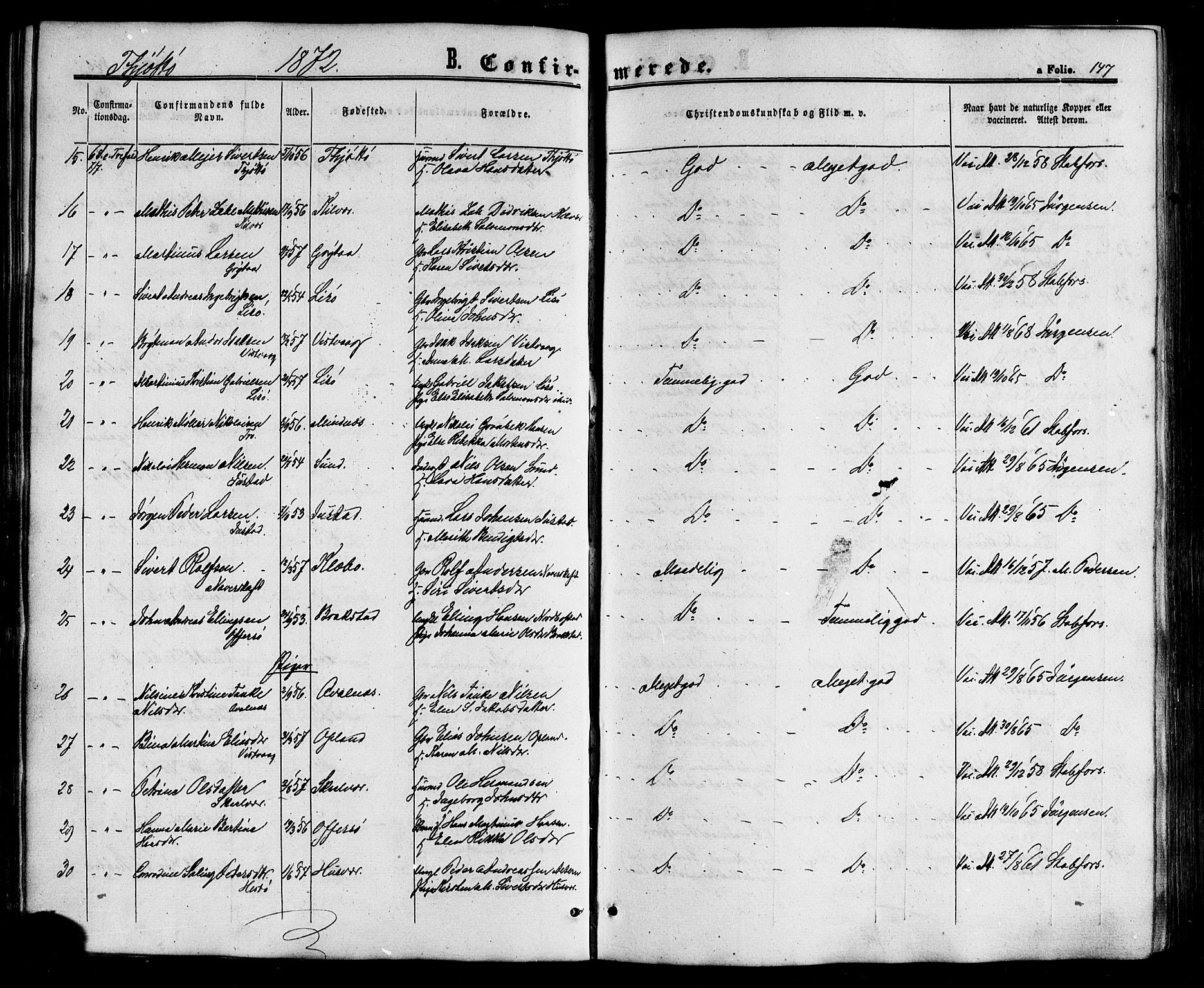 Ministerialprotokoller, klokkerbøker og fødselsregistre - Nordland, SAT/A-1459/817/L0262: Parish register (official) no. 817A03/ 1, 1862-1877, p. 147