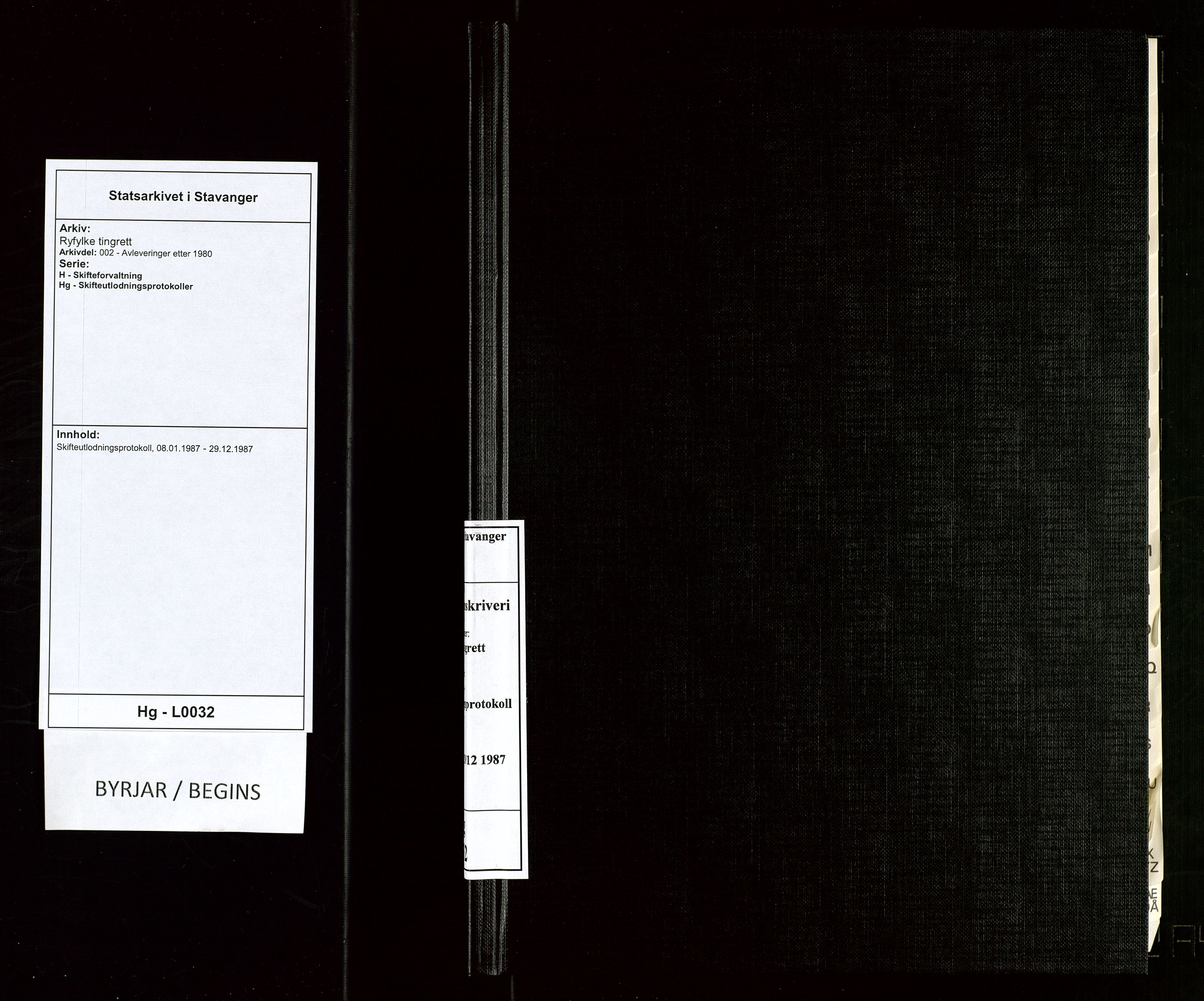 Ryfylke tingrett, SAST/A-100055/002/H/Hg/L0032: Skifteutlodningsprotokoll, 1987