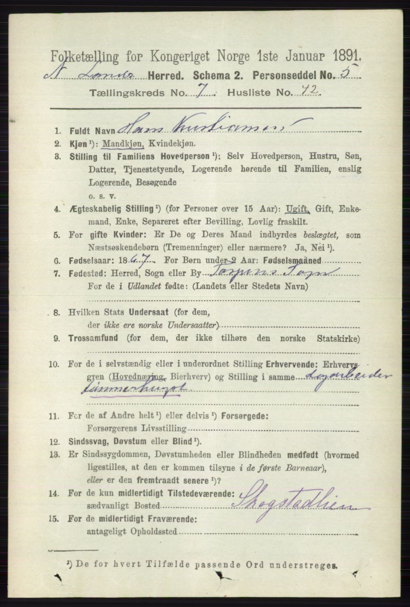 RA, 1891 census for 0538 Nordre Land, 1891, p. 2149