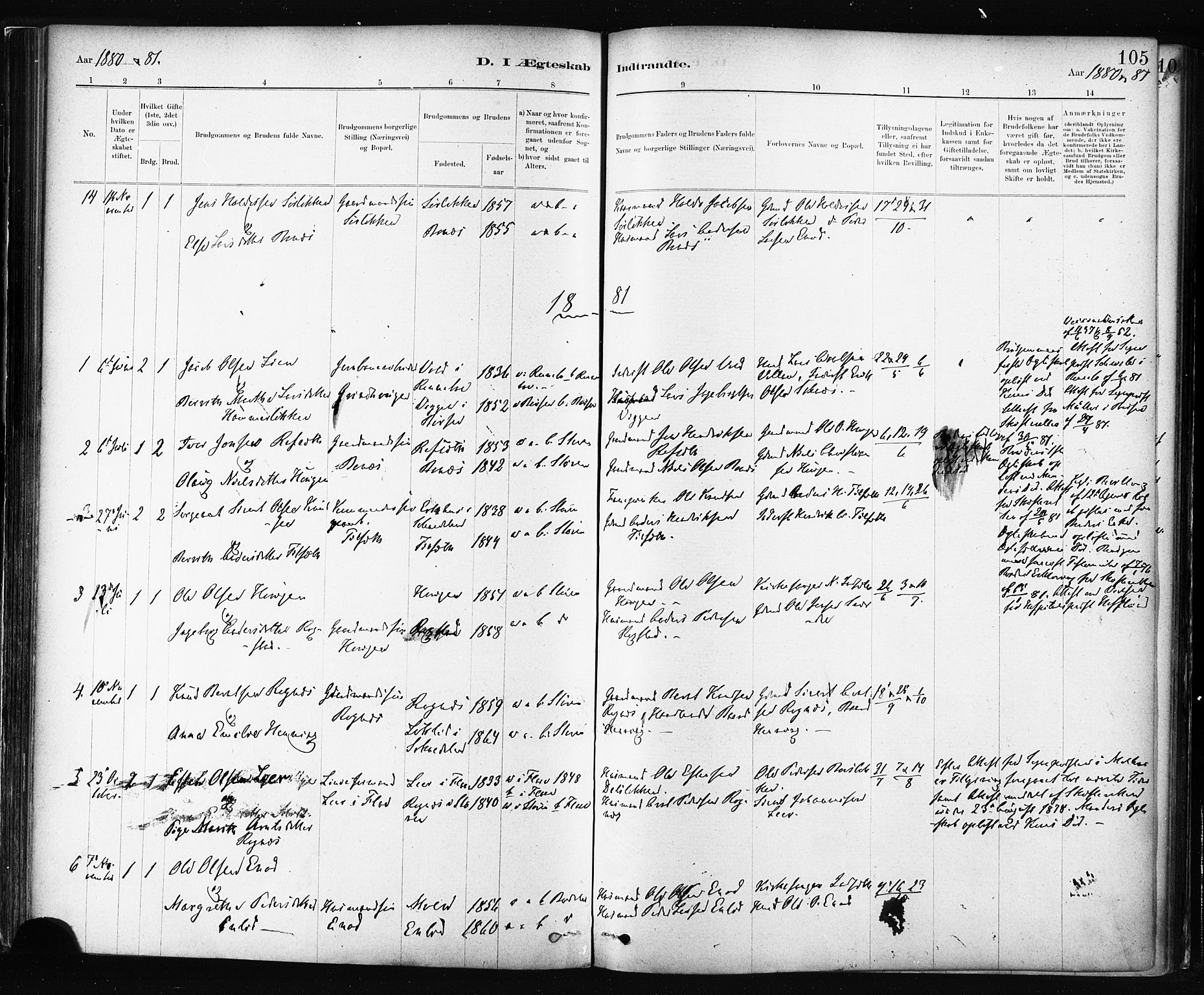 Ministerialprotokoller, klokkerbøker og fødselsregistre - Sør-Trøndelag, AV/SAT-A-1456/687/L1002: Parish register (official) no. 687A08, 1878-1890, p. 105