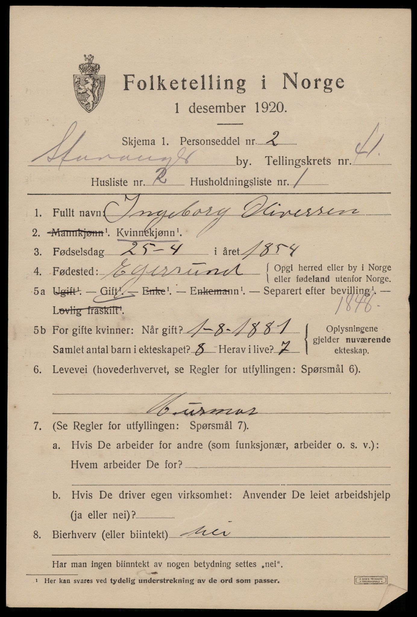 SAST, 1920 census for Stavanger, 1920, p. 103598