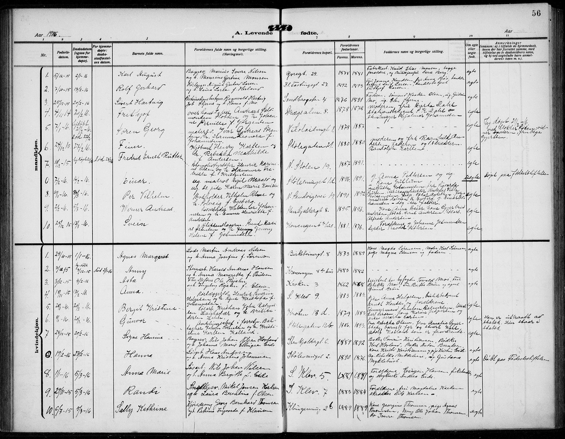 Mariakirken Sokneprestembete, AV/SAB-A-76901/H/Hab/L0006: Parish register (copy) no. A 6, 1909-1939, p. 56