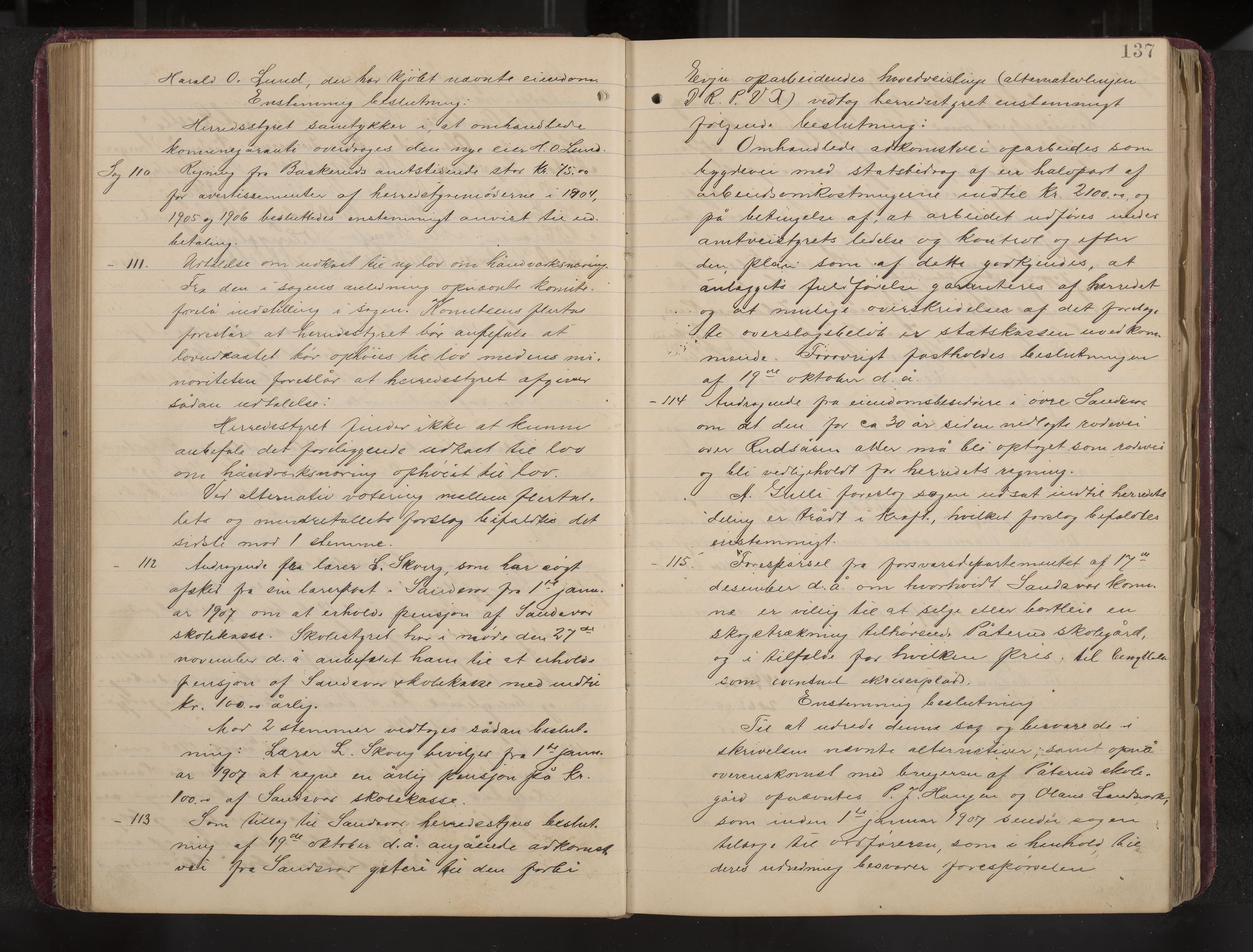 Ytre Sandsvær formannskap og sentraladministrasjon, IKAK/0629021/A/Aa/L0001: Møtebok med register, 1902-1919, p. 137
