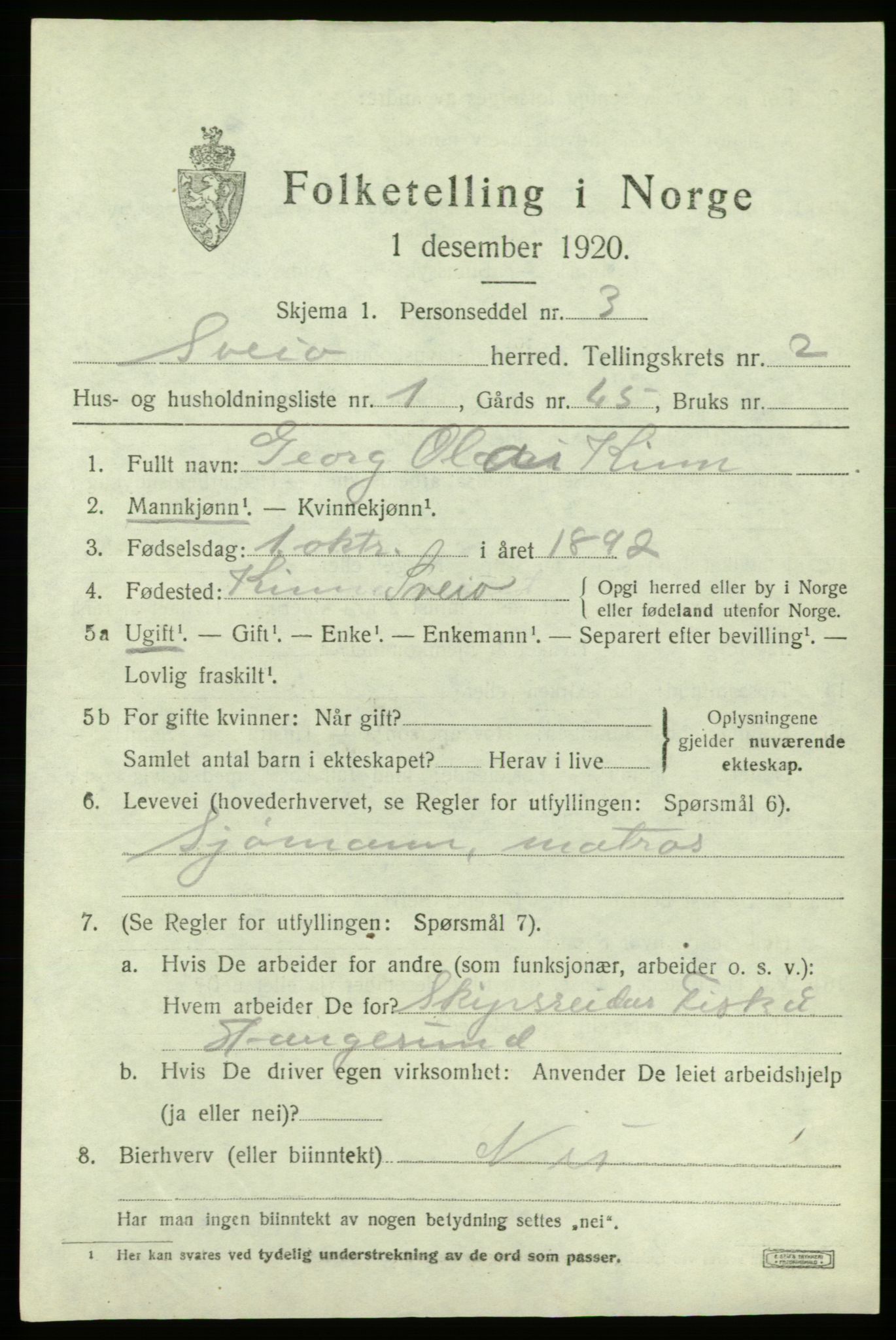 SAB, 1920 census for Sveio, 1920, p. 1310