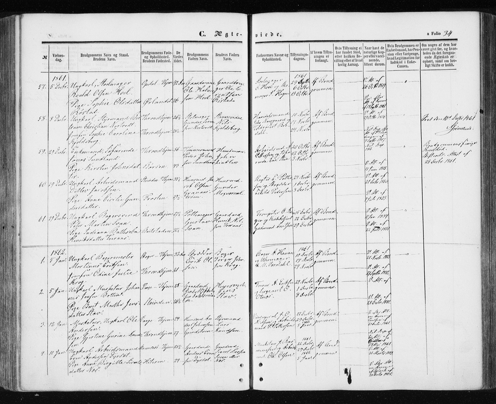 Ministerialprotokoller, klokkerbøker og fødselsregistre - Sør-Trøndelag, SAT/A-1456/601/L0053: Parish register (official) no. 601A21, 1857-1865, p. 34