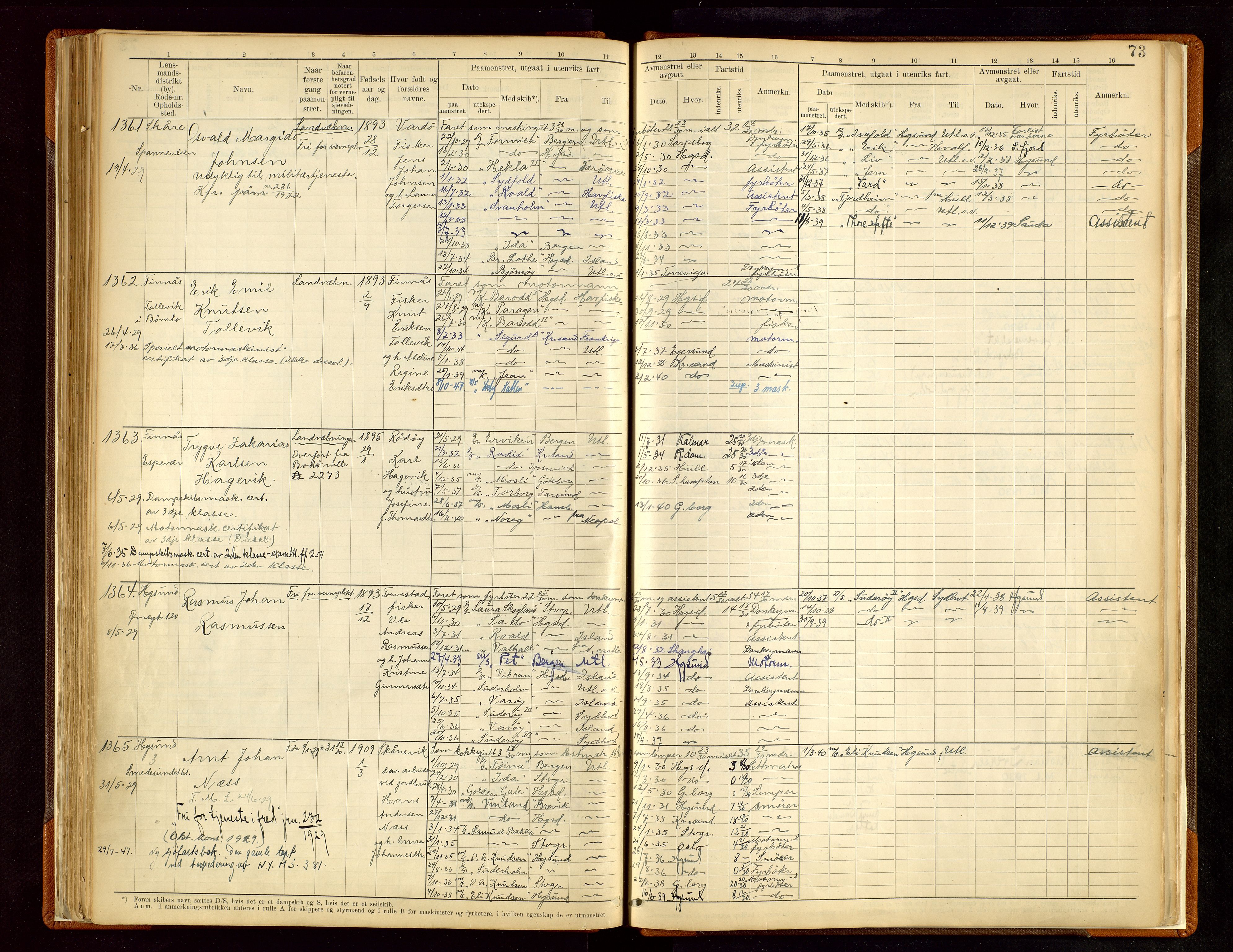 Haugesund sjømannskontor, AV/SAST-A-102007/F/Fb/Fbb/L0010: Sjøfartsrulle Haugesund krets nr. 1001-1471, 1868-1948, p. 73