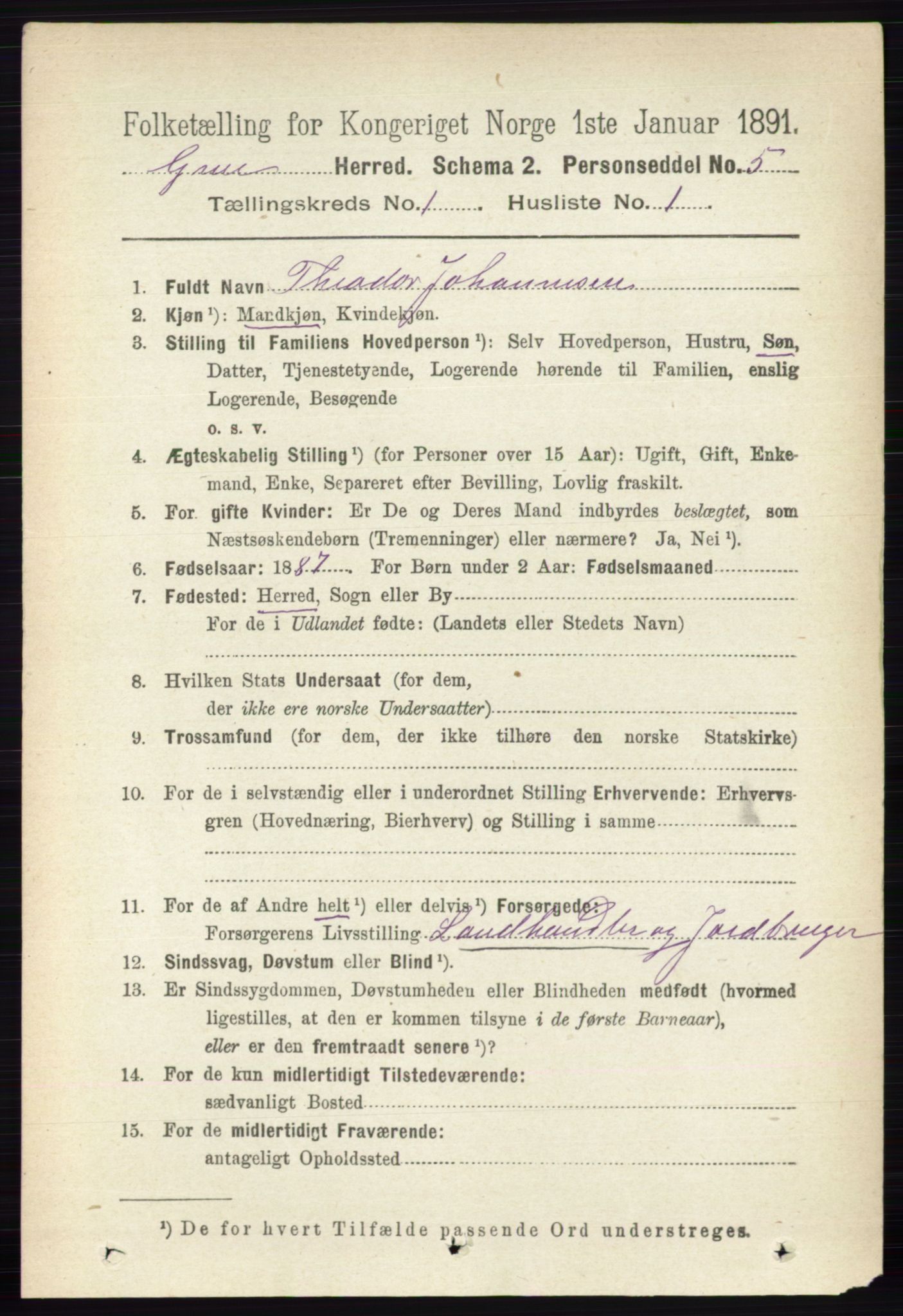 RA, 1891 census for 0423 Grue, 1891, p. 196