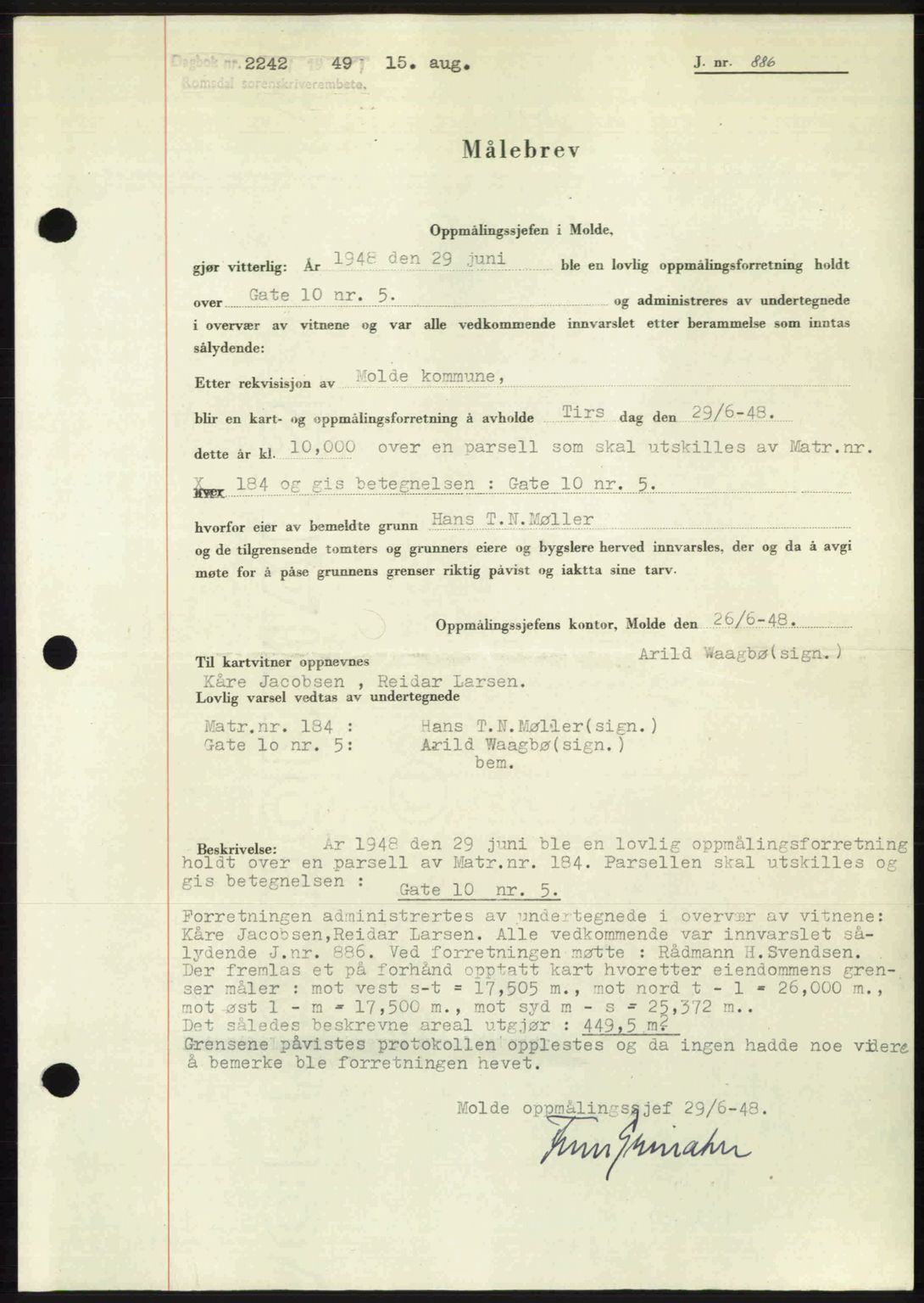 Romsdal sorenskriveri, AV/SAT-A-4149/1/2/2C: Mortgage book no. A30, 1949-1949, Diary no: : 2242/1949