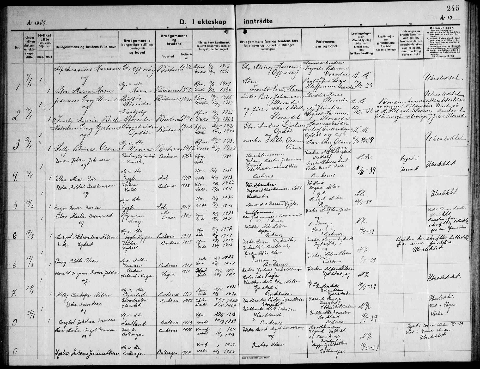 Ministerialprotokoller, klokkerbøker og fødselsregistre - Nordland, AV/SAT-A-1459/881/L1170: Parish register (copy) no. 881C07, 1930-1943, p. 245