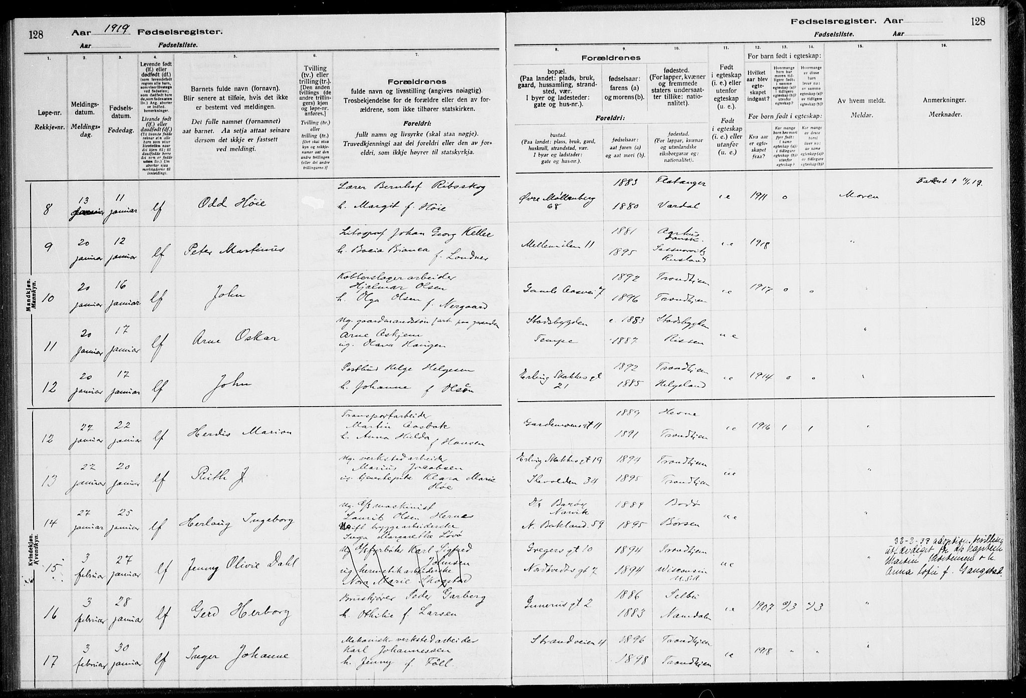 Ministerialprotokoller, klokkerbøker og fødselsregistre - Sør-Trøndelag, AV/SAT-A-1456/600/L0002: Birth register no. 600.II.4.1, 1916-1920, p. 128