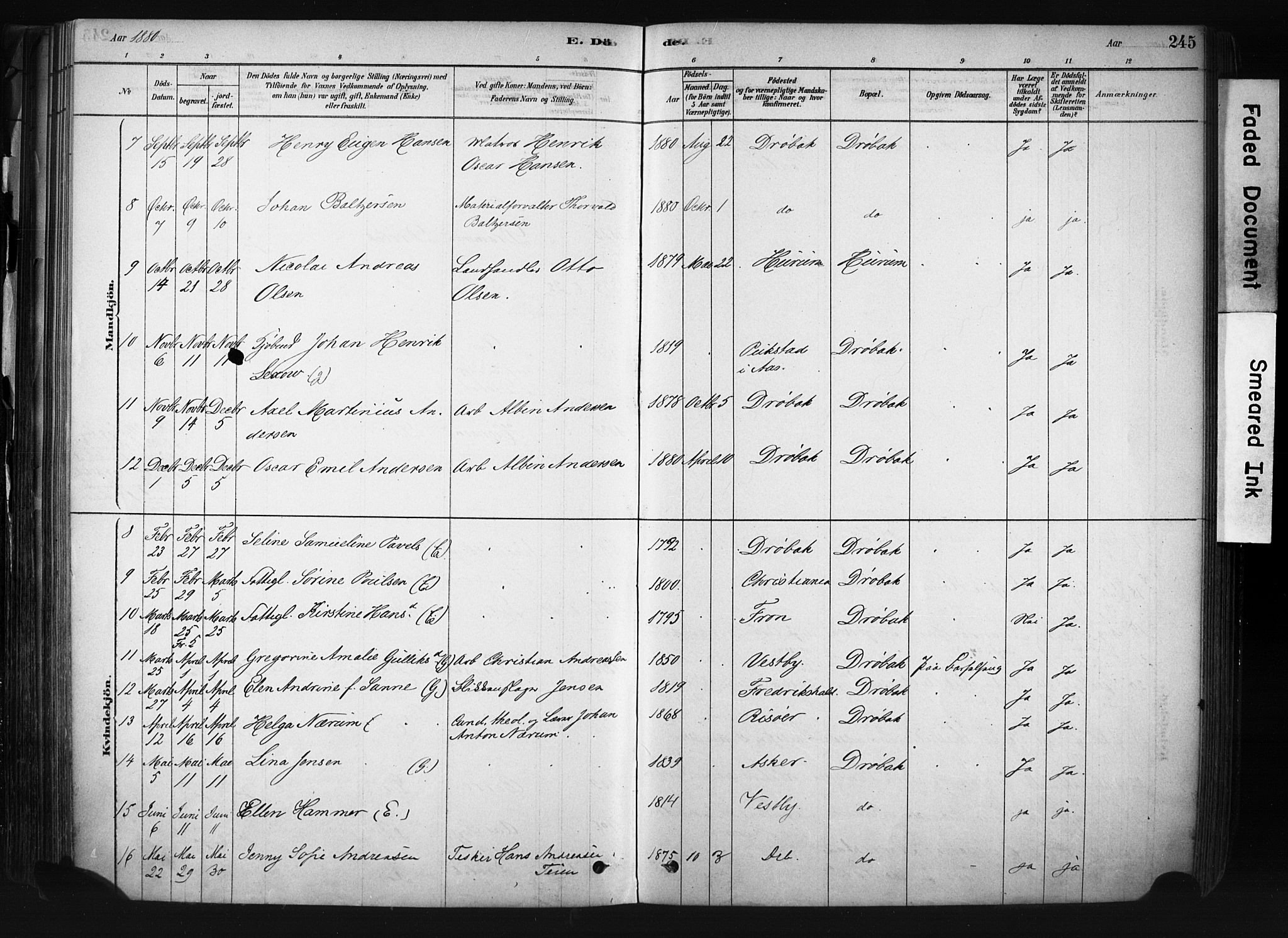 Drøbak prestekontor Kirkebøker, AV/SAO-A-10142a/F/Fb/L0001: Parish register (official) no. II 1, 1878-1891, p. 245