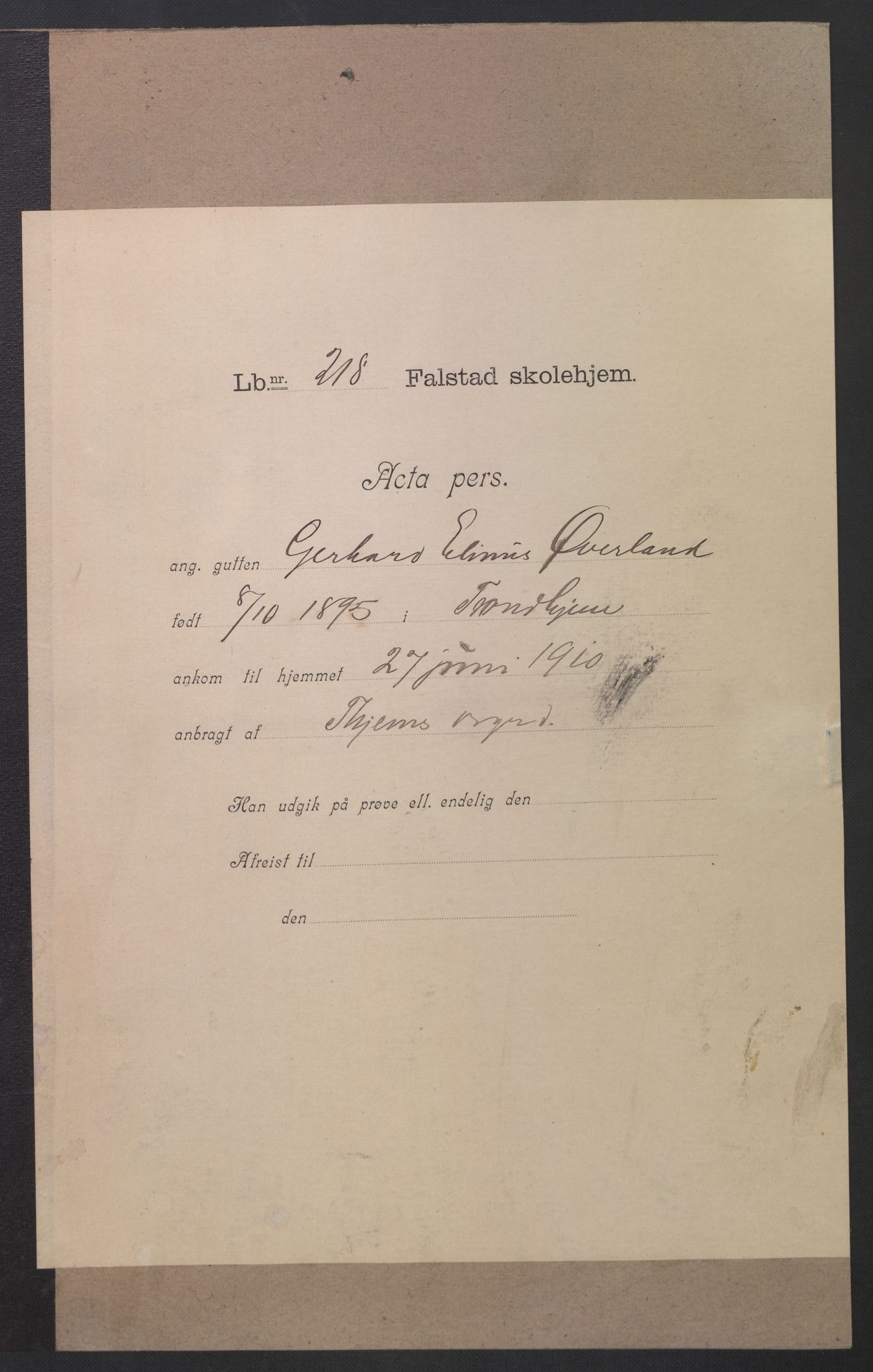 Falstad skolehjem, AV/RA-S-1676/E/Eb/L0010: Elevmapper løpenr. 210-239, 1910-1917, p. 126