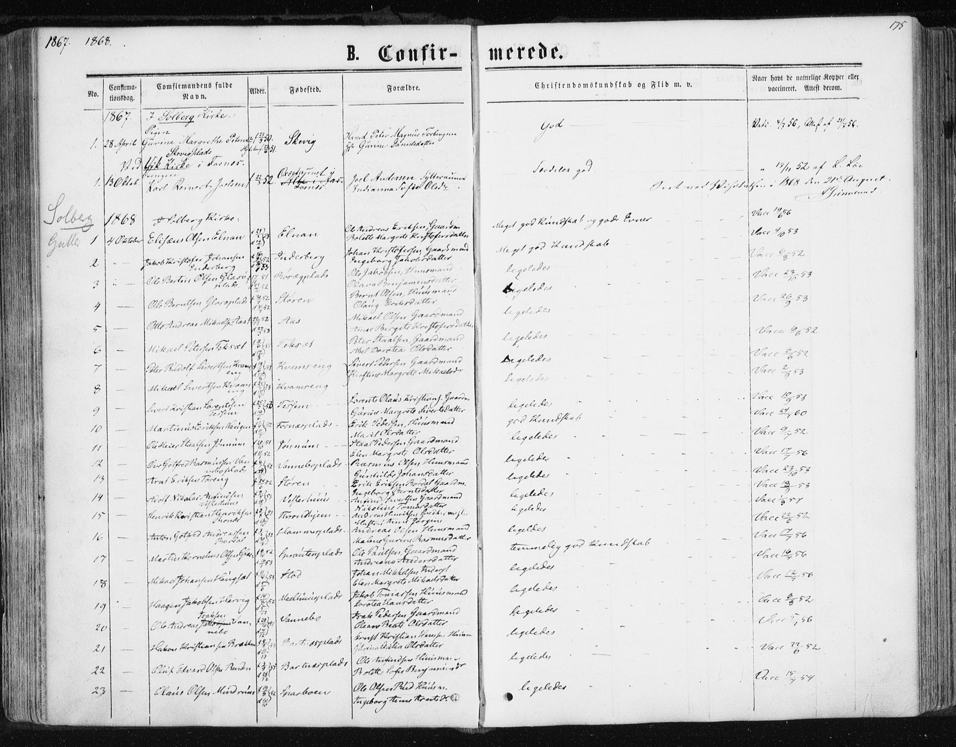 Ministerialprotokoller, klokkerbøker og fødselsregistre - Nord-Trøndelag, AV/SAT-A-1458/741/L0394: Parish register (official) no. 741A08, 1864-1877, p. 175