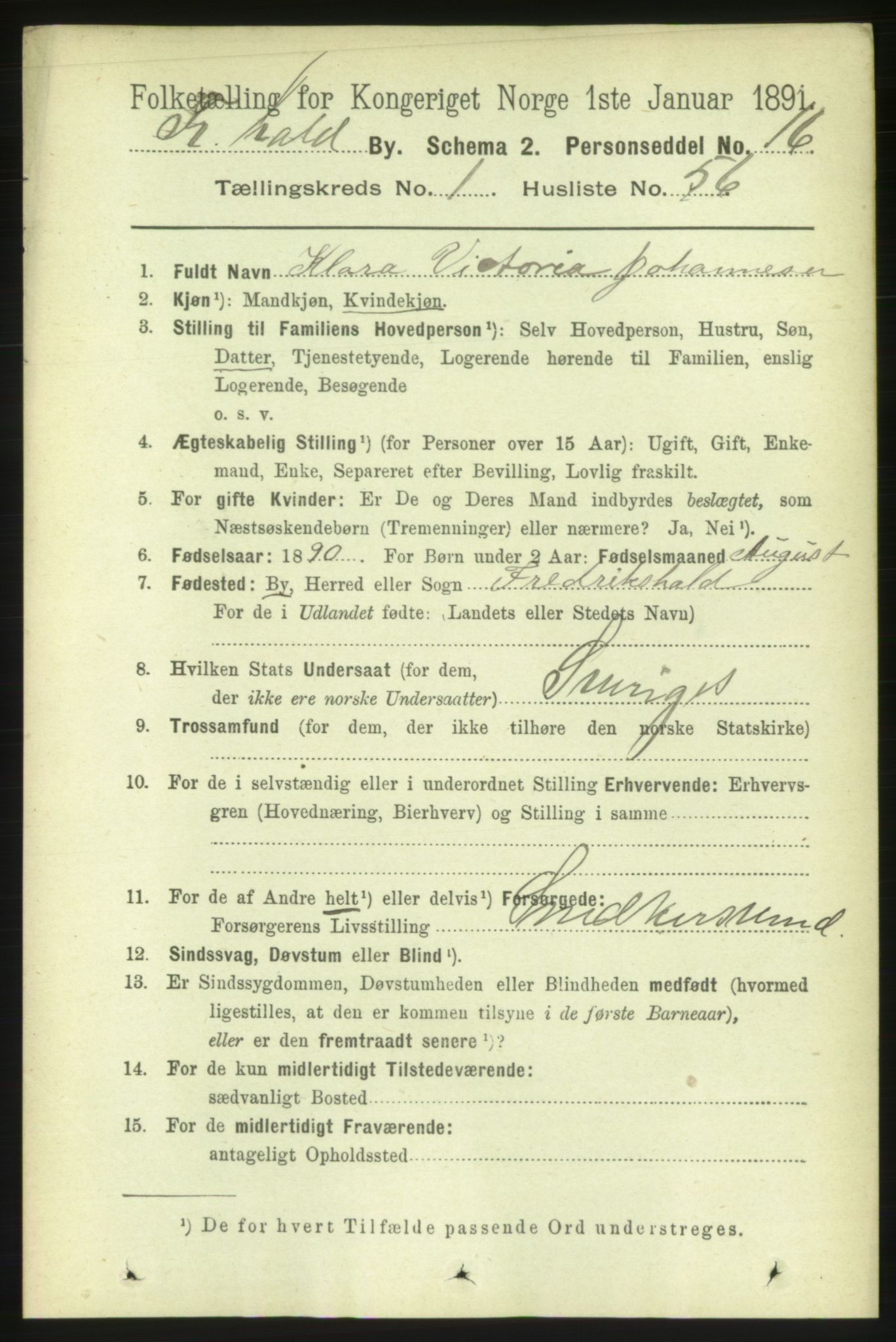 RA, 1891 census for 0101 Fredrikshald, 1891, p. 2444