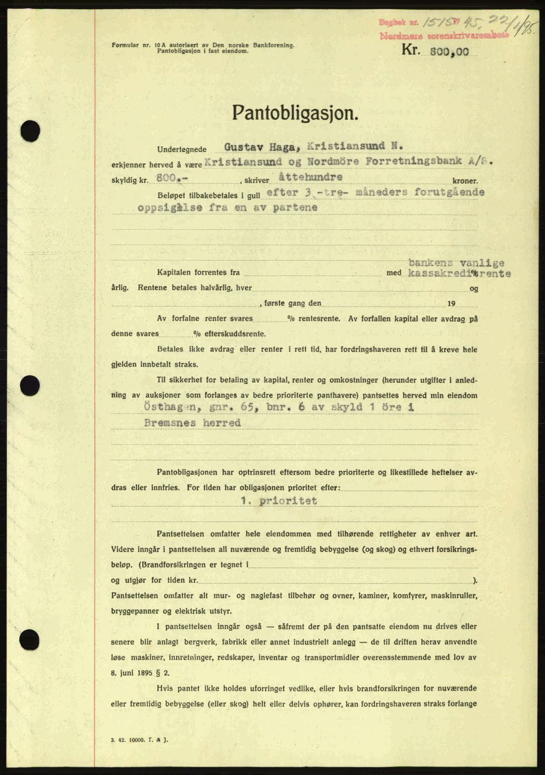 Nordmøre sorenskriveri, AV/SAT-A-4132/1/2/2Ca: Mortgage book no. B93a, 1945-1945, Diary no: : 1515/1945