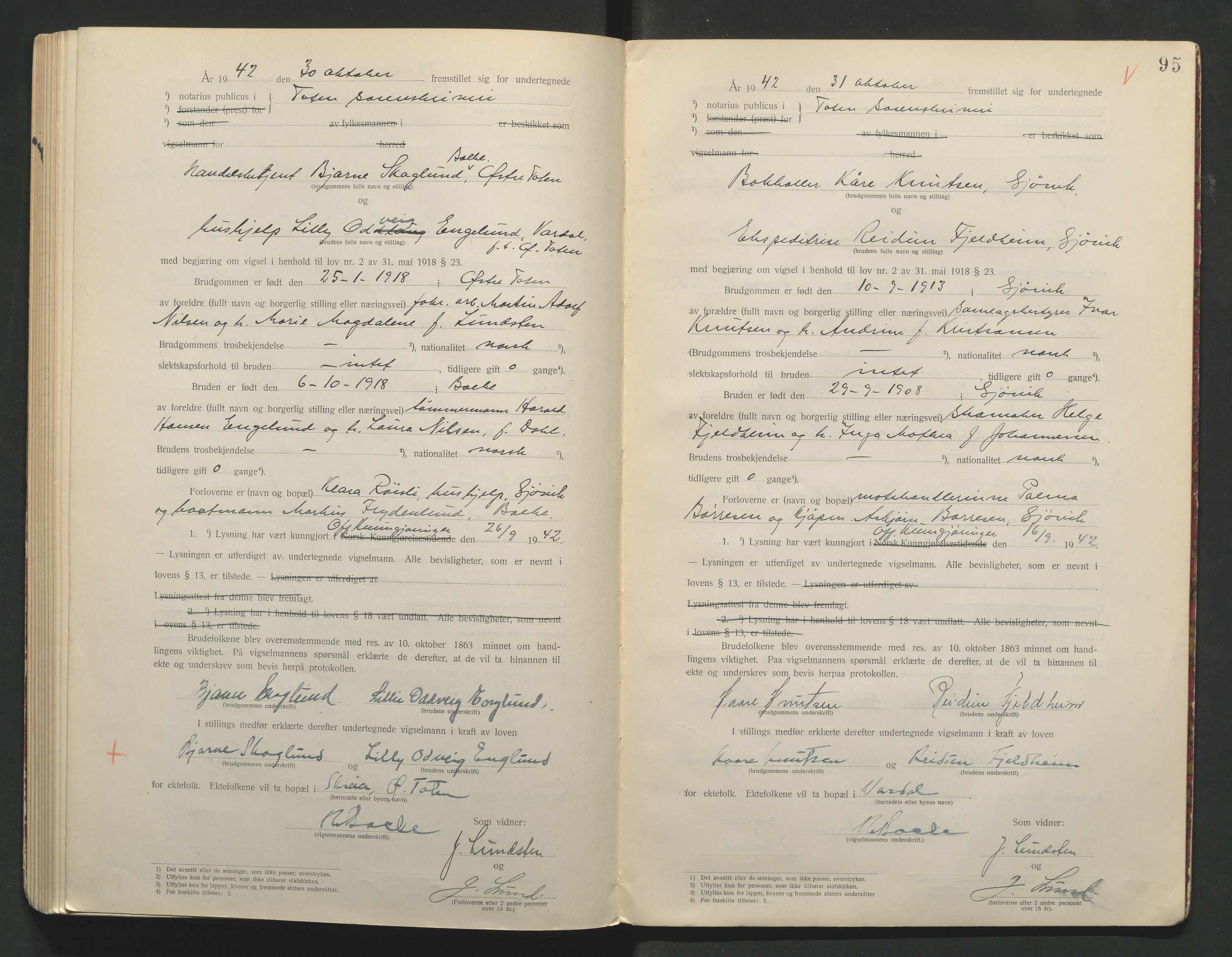 Toten tingrett, AV/SAH-TING-006/L/Lc/L0001: Vigselbok, 1920-1942, p. 95