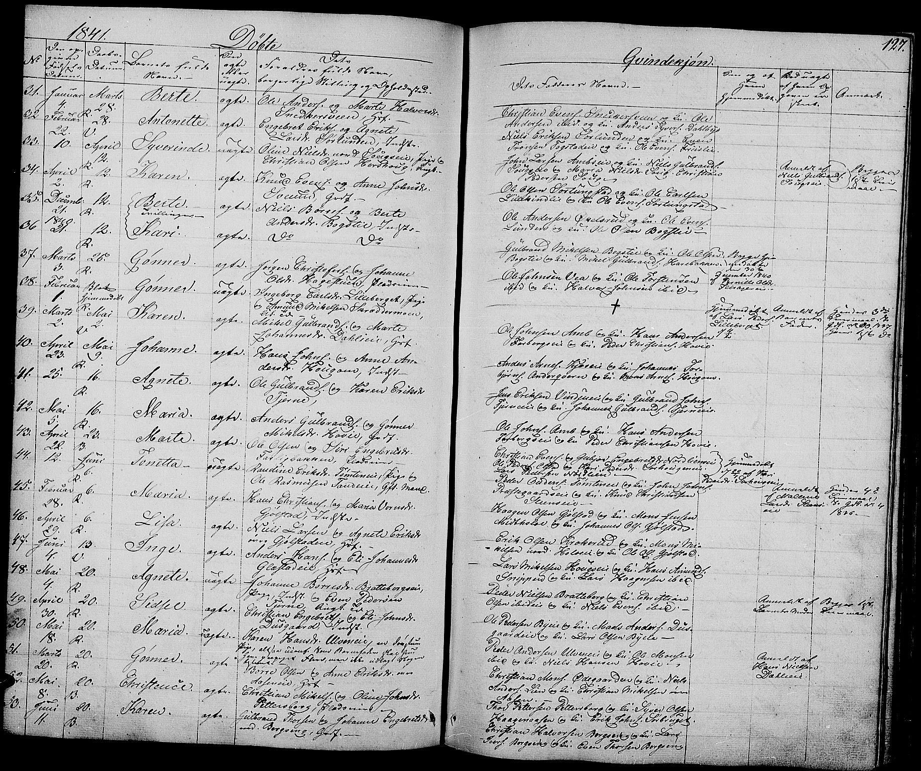 Ringsaker prestekontor, AV/SAH-PREST-014/L/La/L0005: Parish register (copy) no. 5, 1839-1850, p. 127