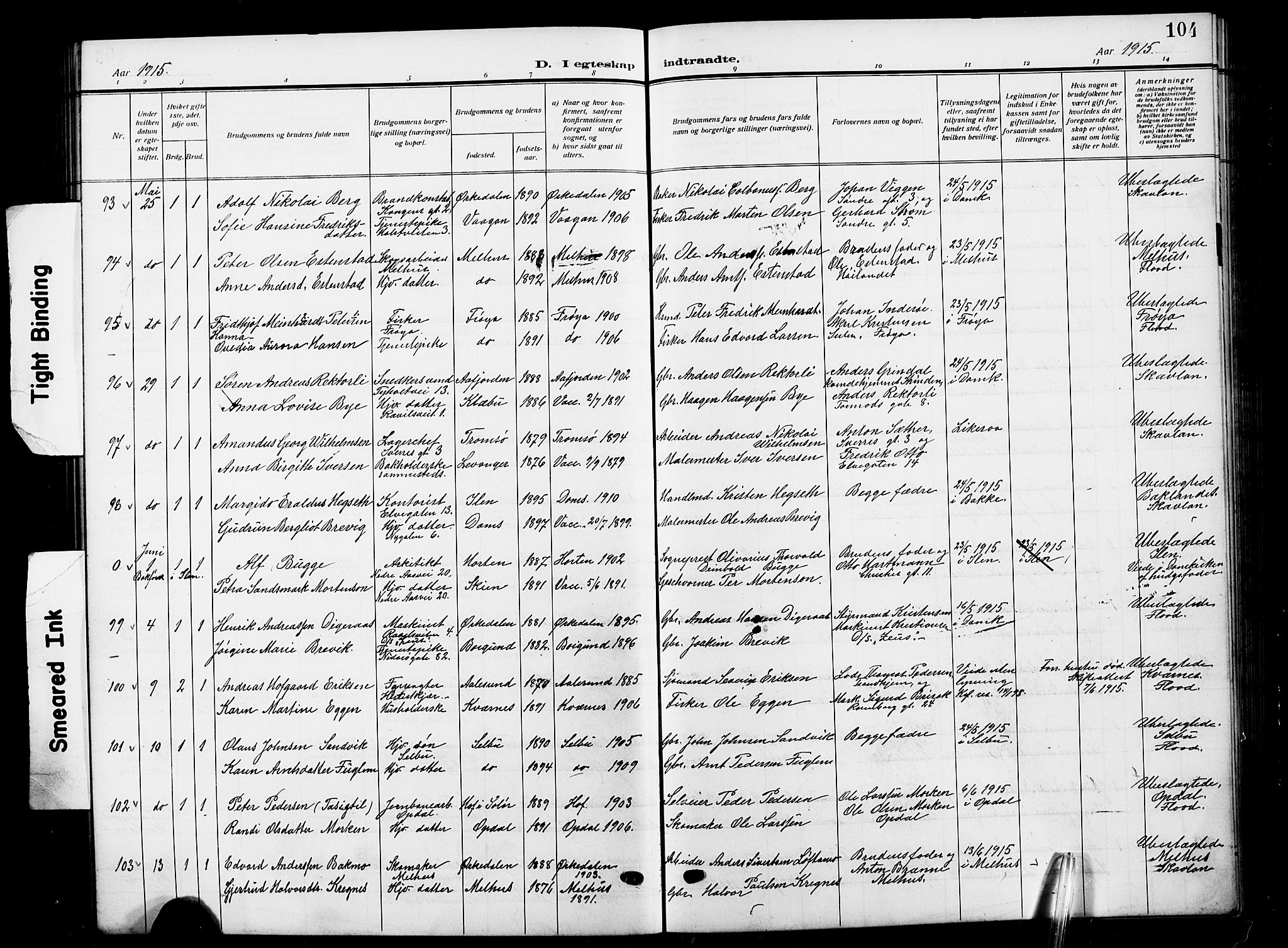 Ministerialprotokoller, klokkerbøker og fødselsregistre - Sør-Trøndelag, SAT/A-1456/601/L0097: Parish register (copy) no. 601C15, 1911-1921, p. 104