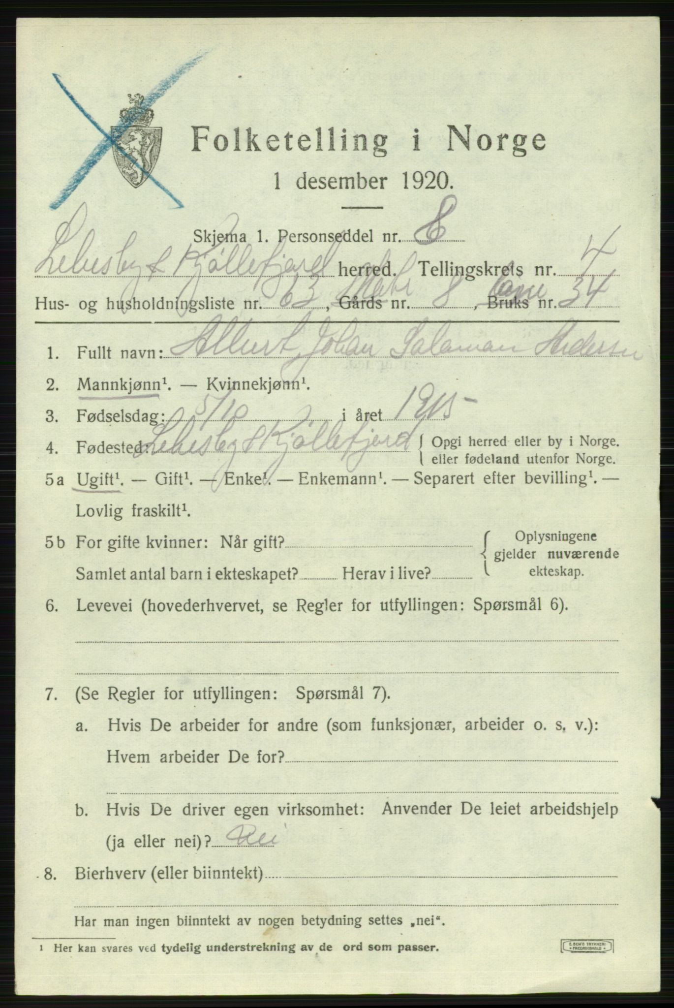 SATØ, 1920 census for Lebesby, 1920, p. 2407