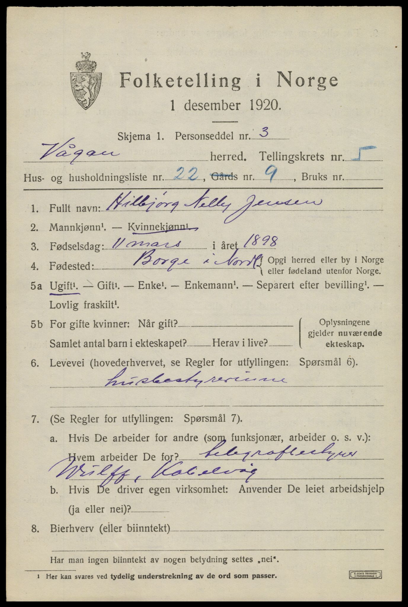 SAT, 1920 census for Vågan, 1920, p. 5419