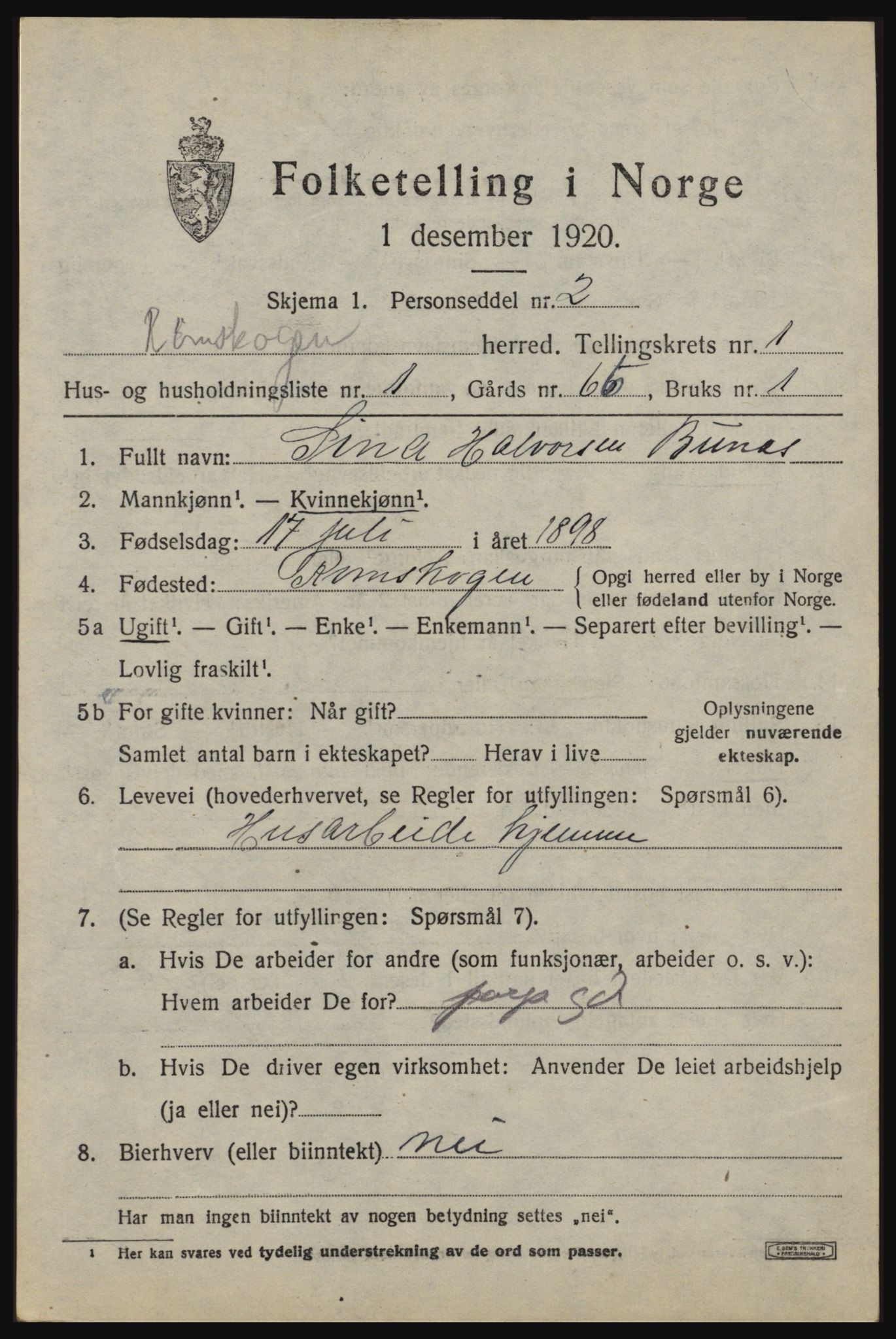 SAO, 1920 census for Rømskog, 1920, p. 224