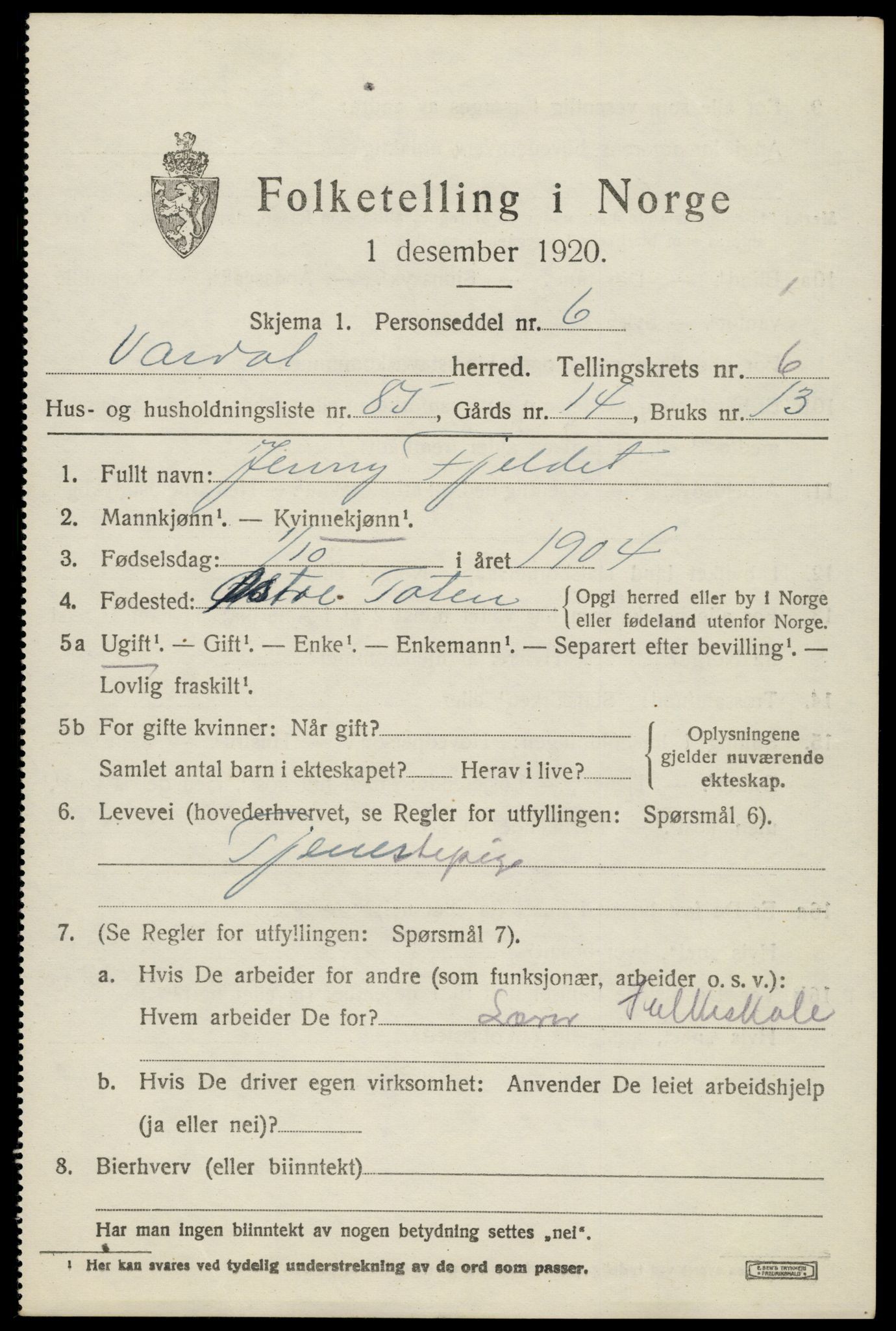 SAH, 1920 census for Vardal, 1920, p. 4857