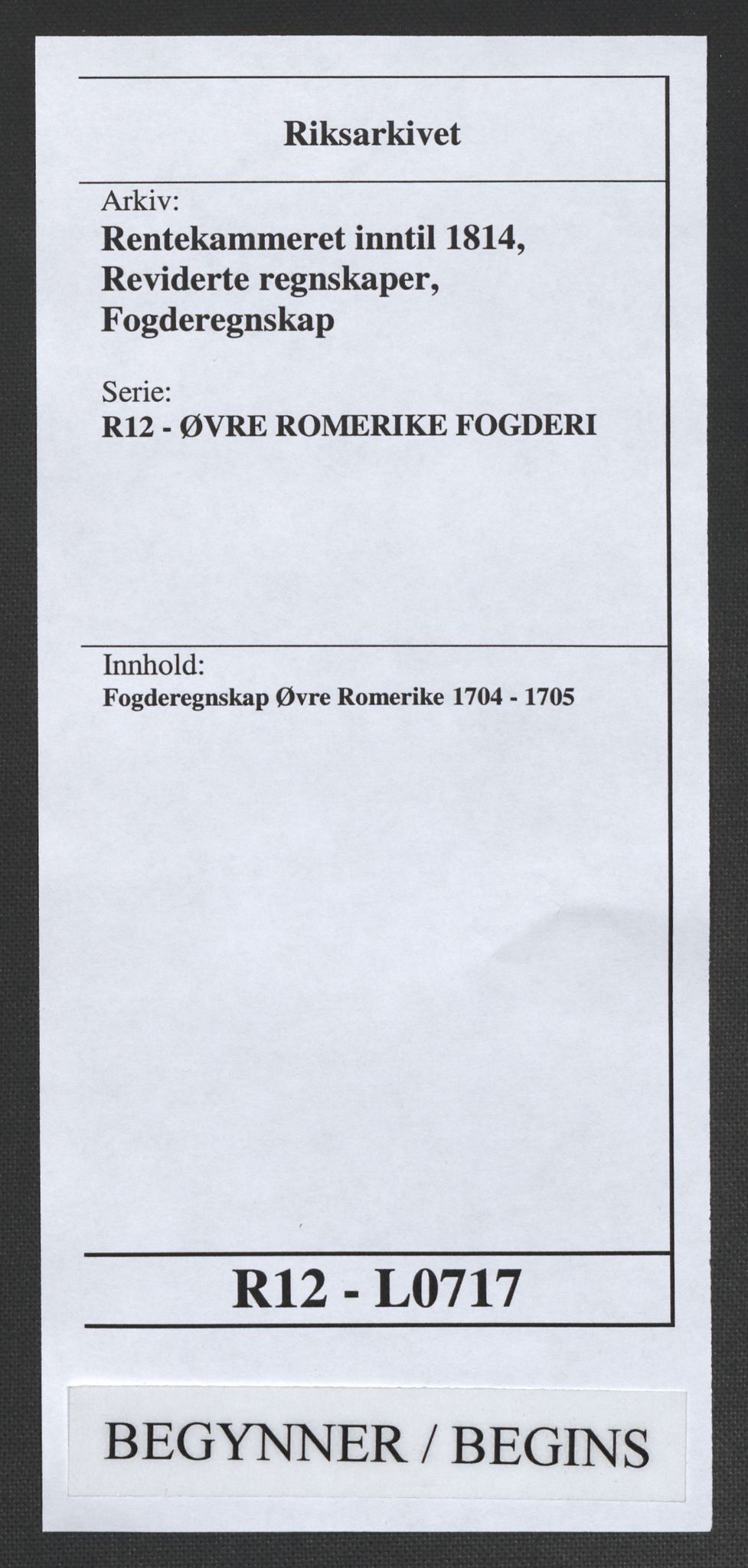 Rentekammeret inntil 1814, Reviderte regnskaper, Fogderegnskap, AV/RA-EA-4092/R12/L0717: Fogderegnskap Øvre Romerike, 1704-1705, p. 1