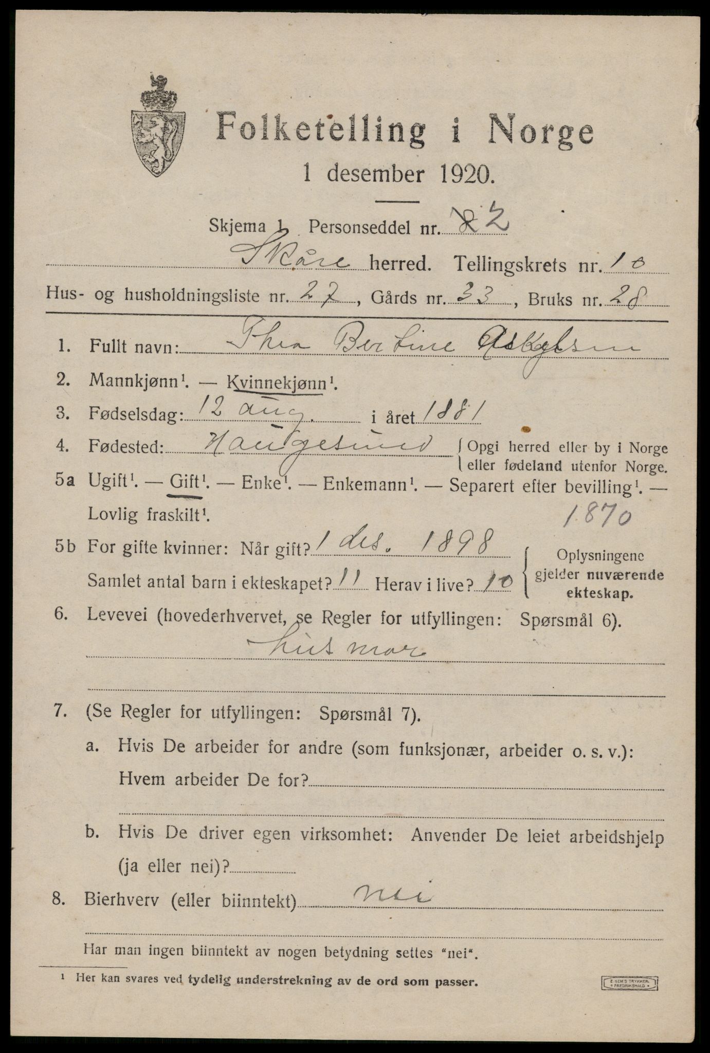 SAST, 1920 census for Skåre, 1920, p. 8200