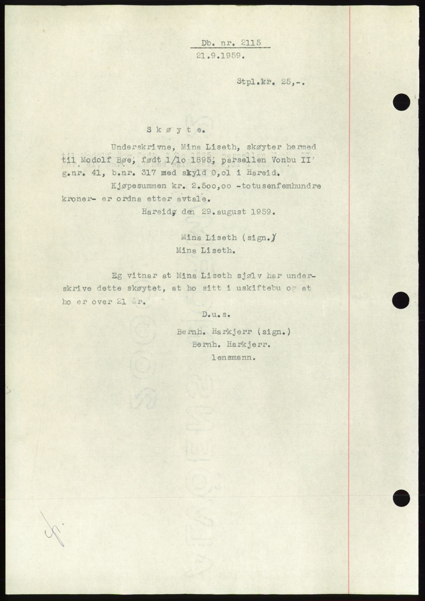 Søre Sunnmøre sorenskriveri, AV/SAT-A-4122/1/2/2C/L0113: Mortgage book no. 39A, 1959-1959, Diary no: : 2115/1959