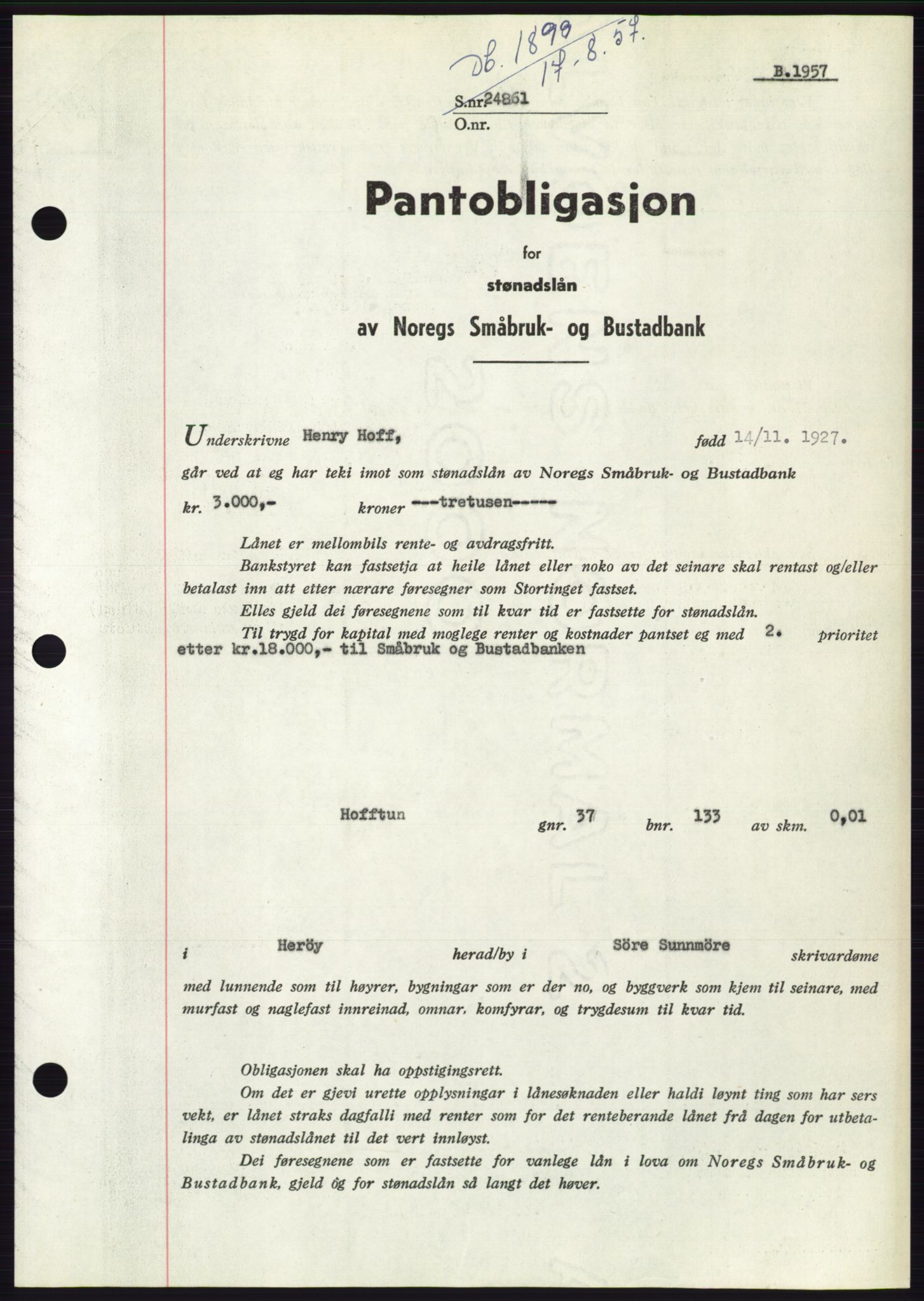 Søre Sunnmøre sorenskriveri, AV/SAT-A-4122/1/2/2C/L0130: Mortgage book no. 18B, 1957-1958, Diary no: : 1899/1957