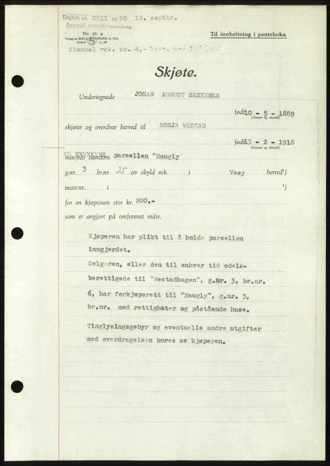 Romsdal sorenskriveri, AV/SAT-A-4149/1/2/2C: Mortgage book no. A34, 1950-1950, Diary no: : 2911/1950