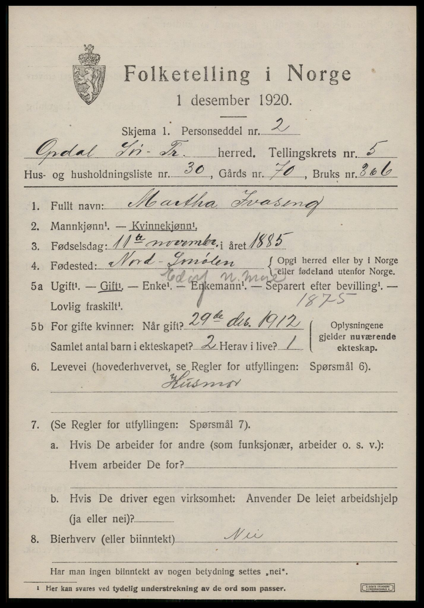 SAT, 1920 census for Oppdal, 1920, p. 5303