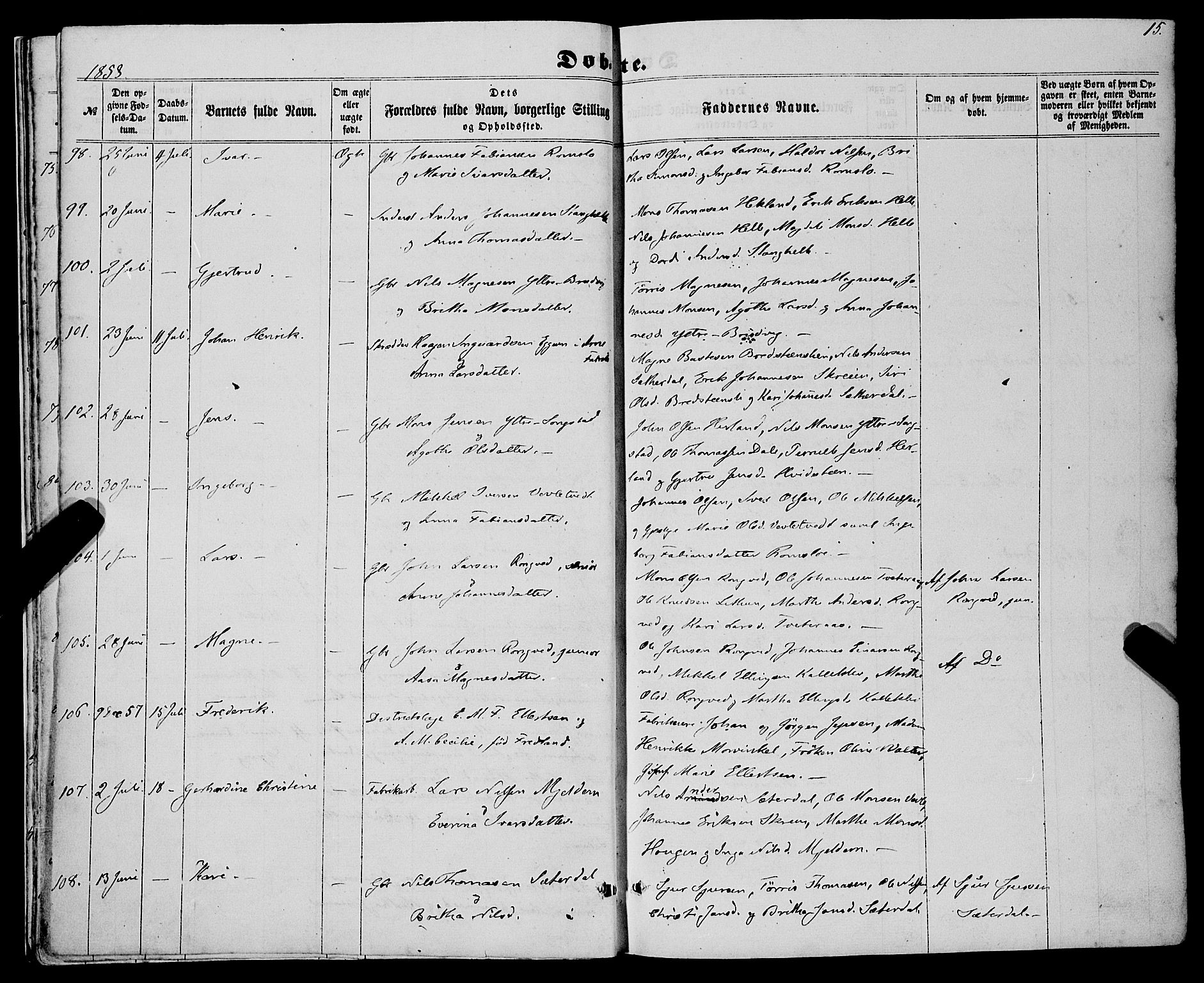 Haus sokneprestembete, AV/SAB-A-75601/H/Haa: Parish register (official) no. A 17, 1858-1870, p. 15