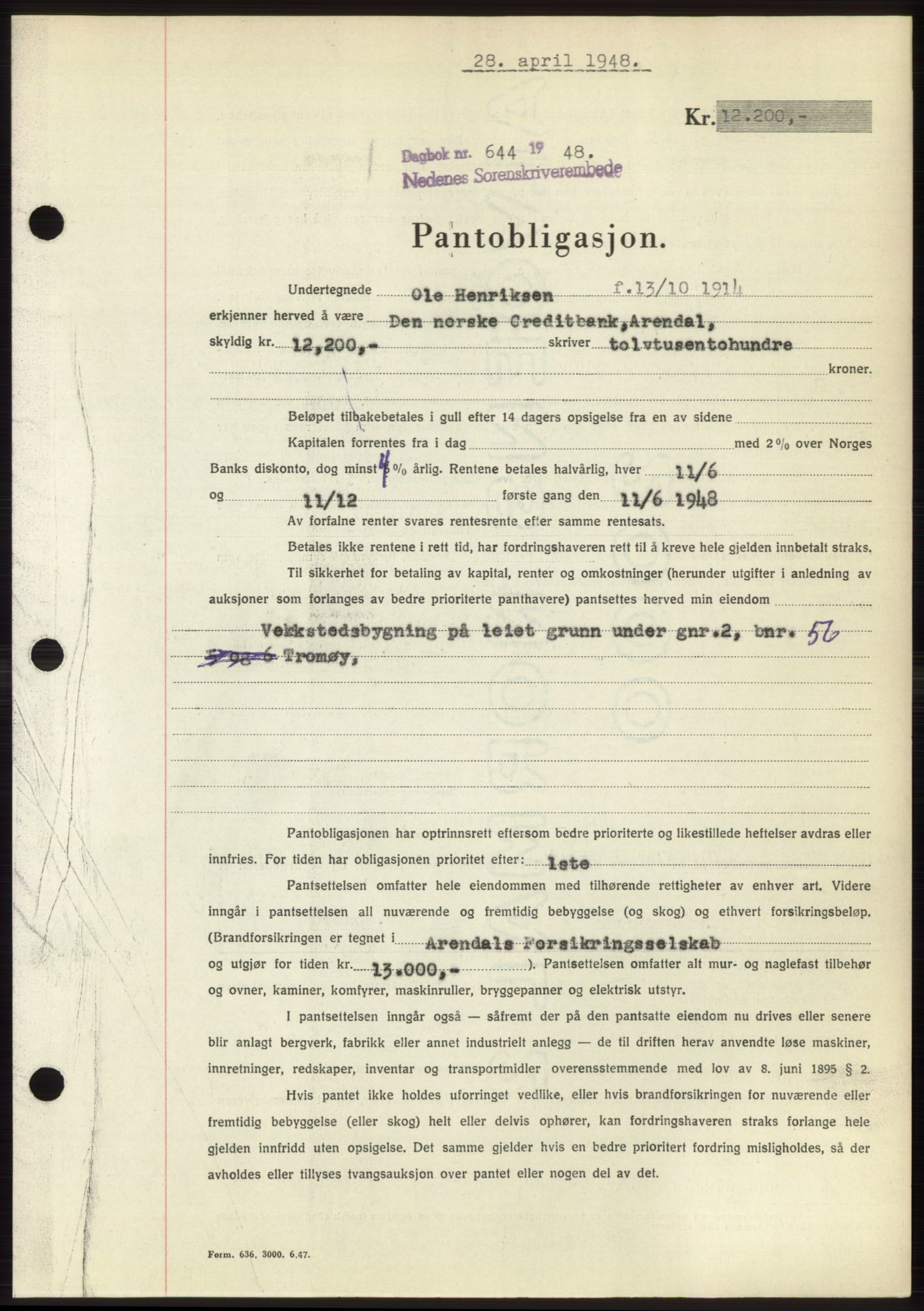 Nedenes sorenskriveri, AV/SAK-1221-0006/G/Gb/Gbb/L0005: Mortgage book no. B5, 1948-1948, Diary no: : 644/1948