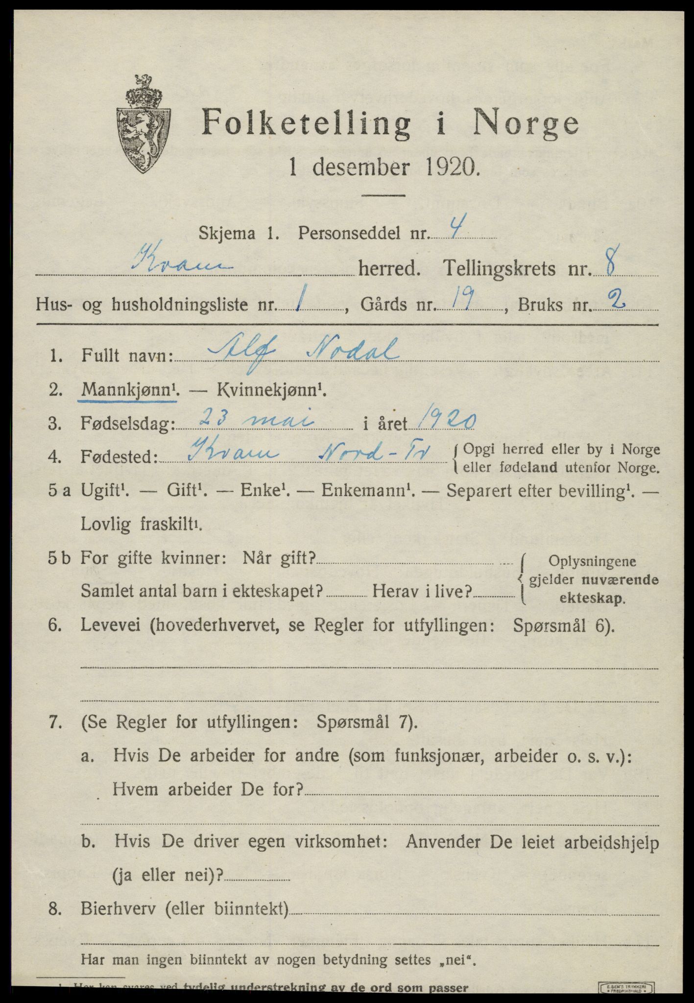 SAT, 1920 census for Kvam, 1920, p. 1997