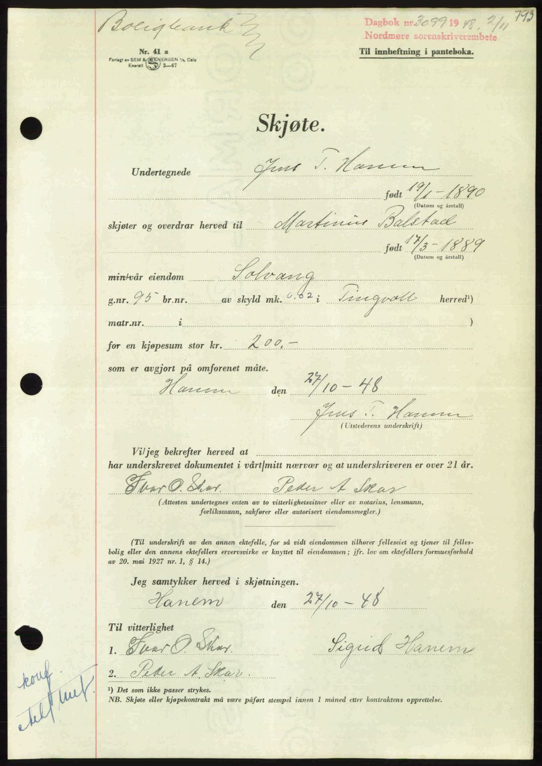 Nordmøre sorenskriveri, AV/SAT-A-4132/1/2/2Ca: Mortgage book no. A109, 1948-1948, Diary no: : 3099/1948