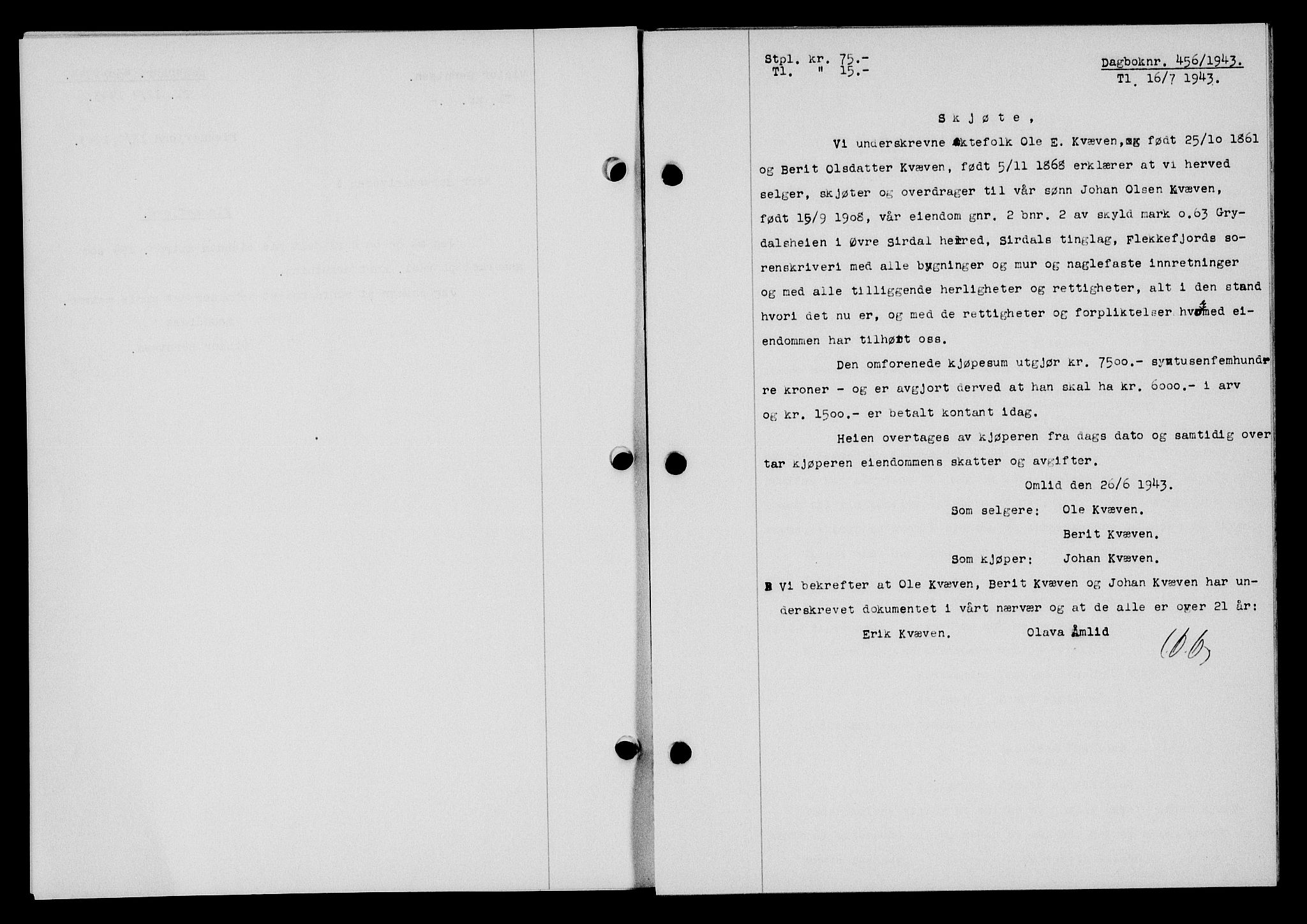 Flekkefjord sorenskriveri, SAK/1221-0001/G/Gb/Gba/L0058: Mortgage book no. A-6, 1942-1944, Diary no: : 456/1943