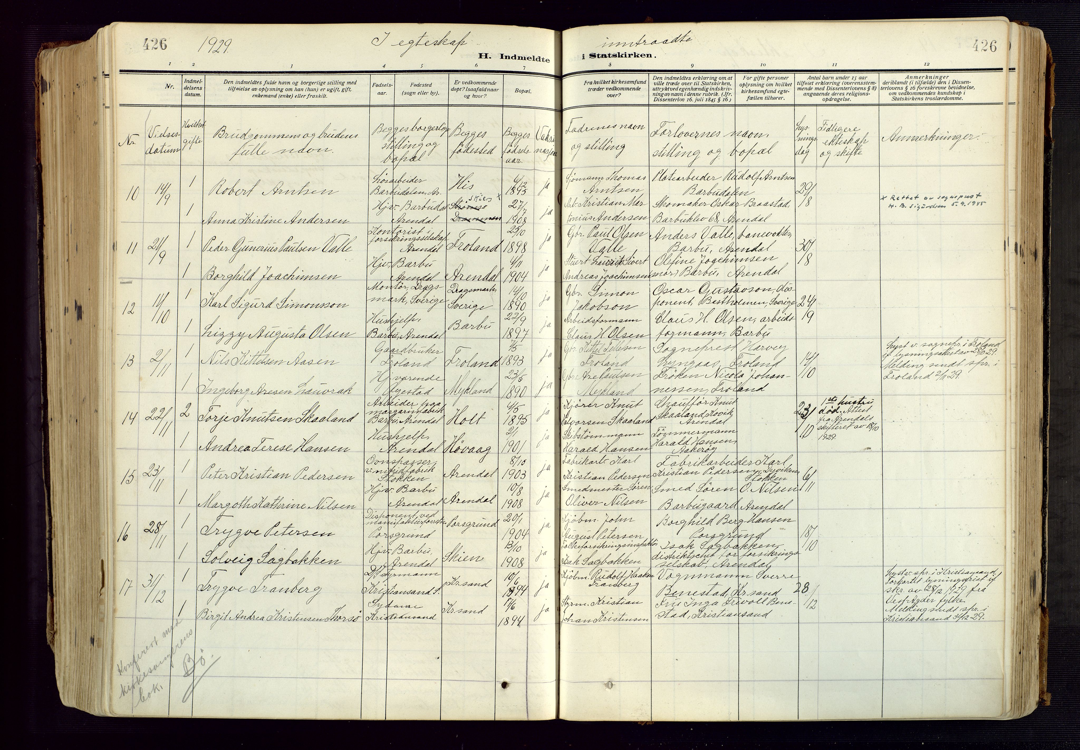 Barbu sokneprestkontor, AV/SAK-1111-0003/F/Fa/L0006: Parish register (official) no. A 6, 1910-1929, p. 426