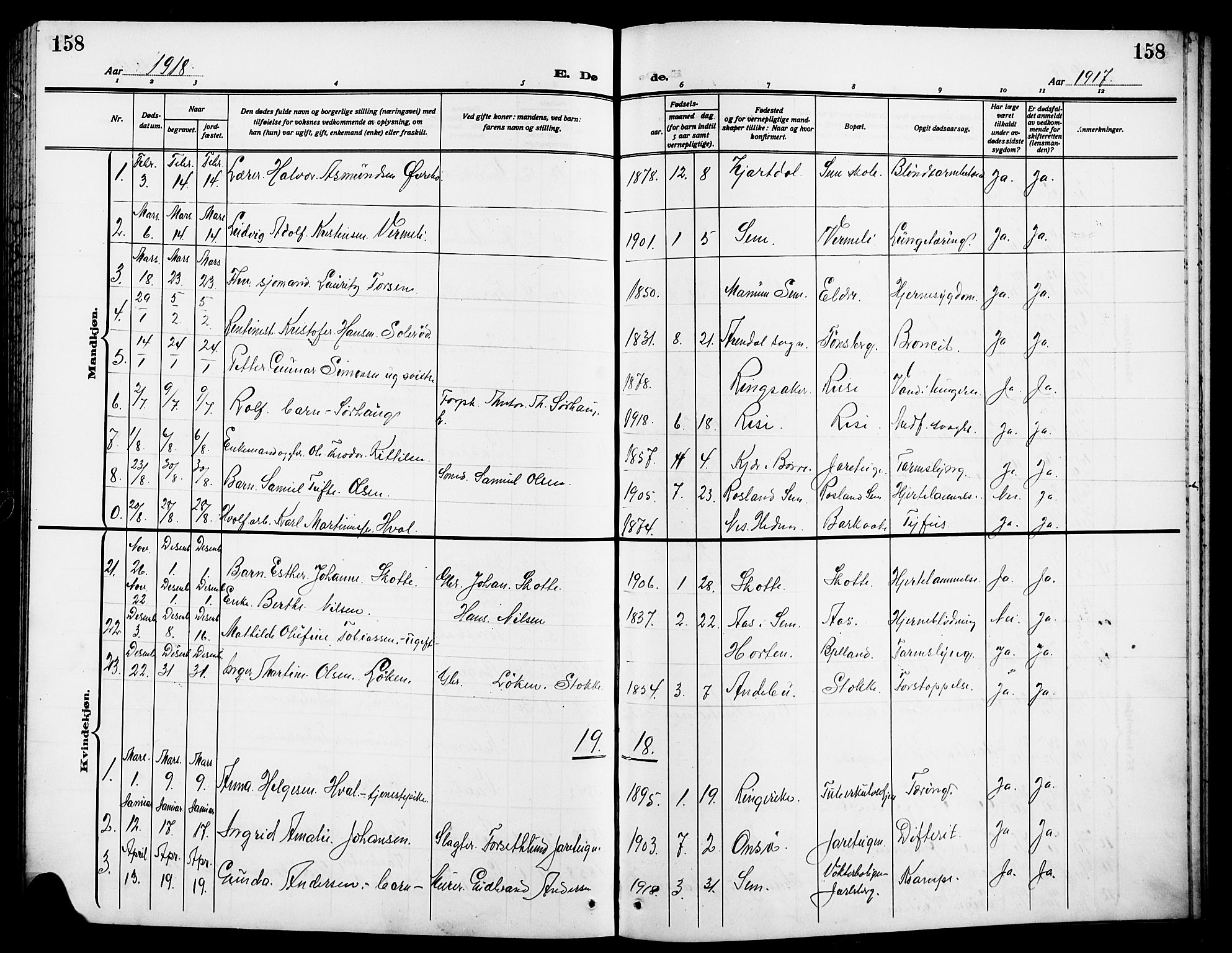 Sem kirkebøker, SAKO/A-5/G/Ga/L0007: Parish register (copy) no. I 7, 1909-1924, p. 158