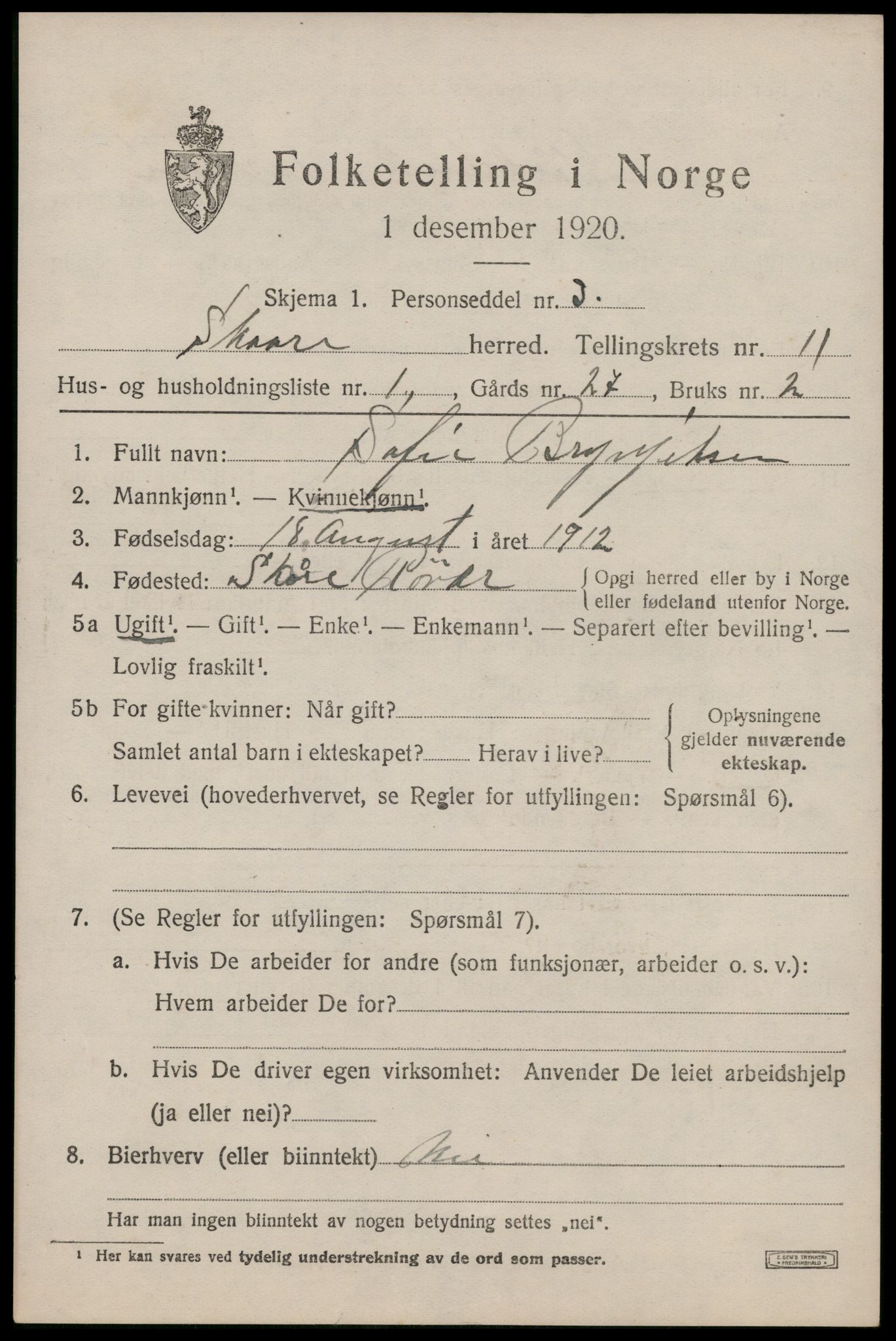 SAST, 1920 census for Skåre, 1920, p. 8280