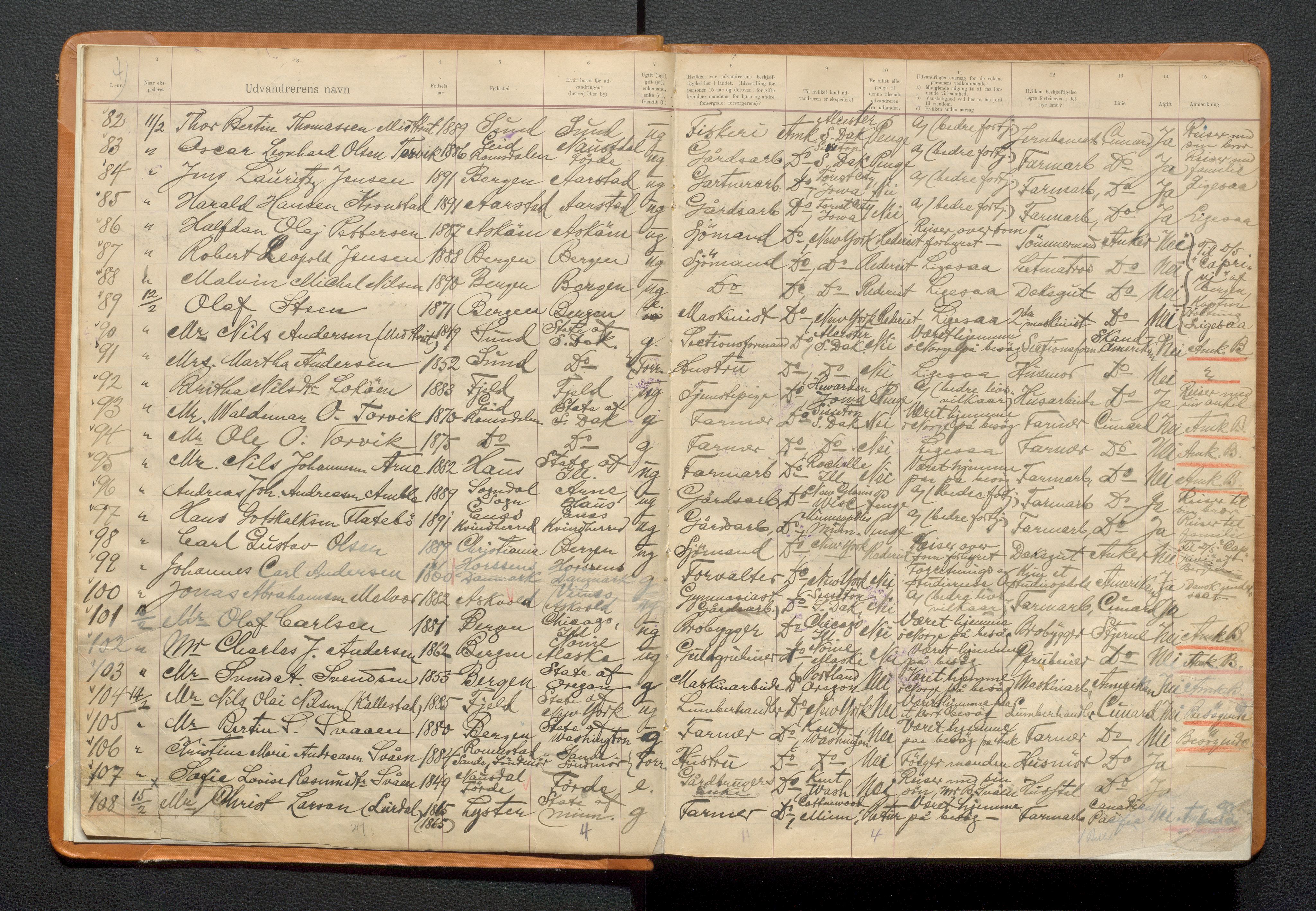 Bergen politikammer / politidistrikt, AV/SAB-A-60401/J.a/J.ab/L0009: Emigranter til Amerika, 1908-1909