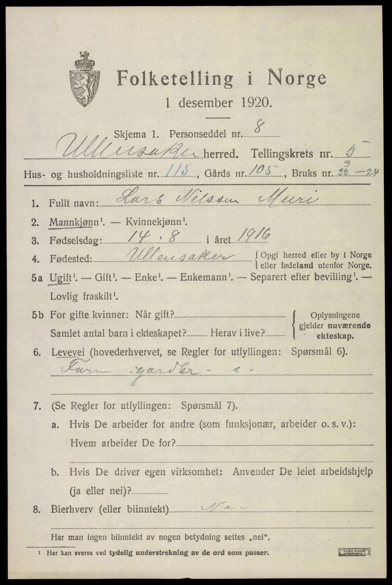 SAO, 1920 census for Ullensaker, 1920, p. 10445