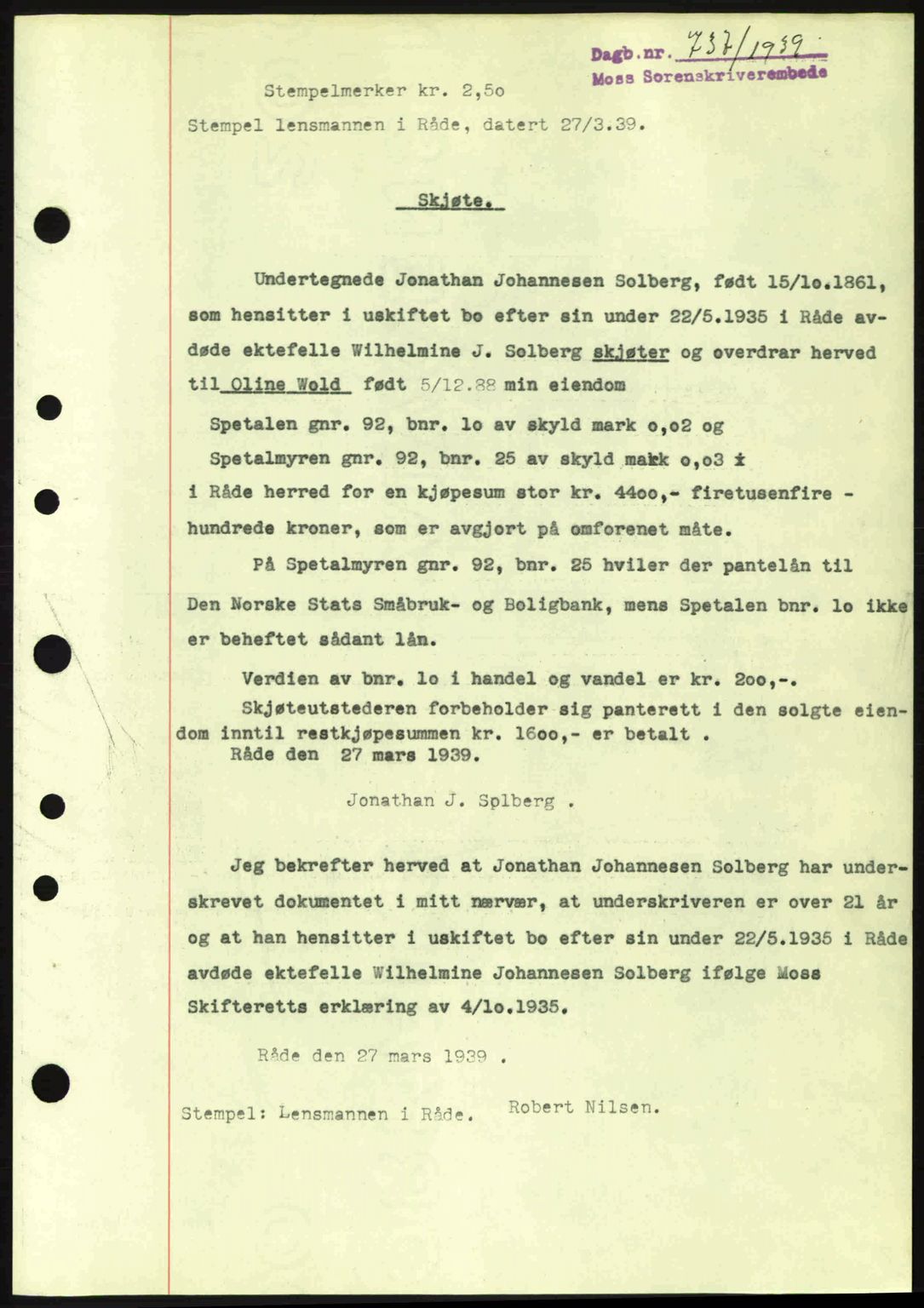 Moss sorenskriveri, SAO/A-10168: Mortgage book no. A5, 1938-1939, Diary no: : 737/1939