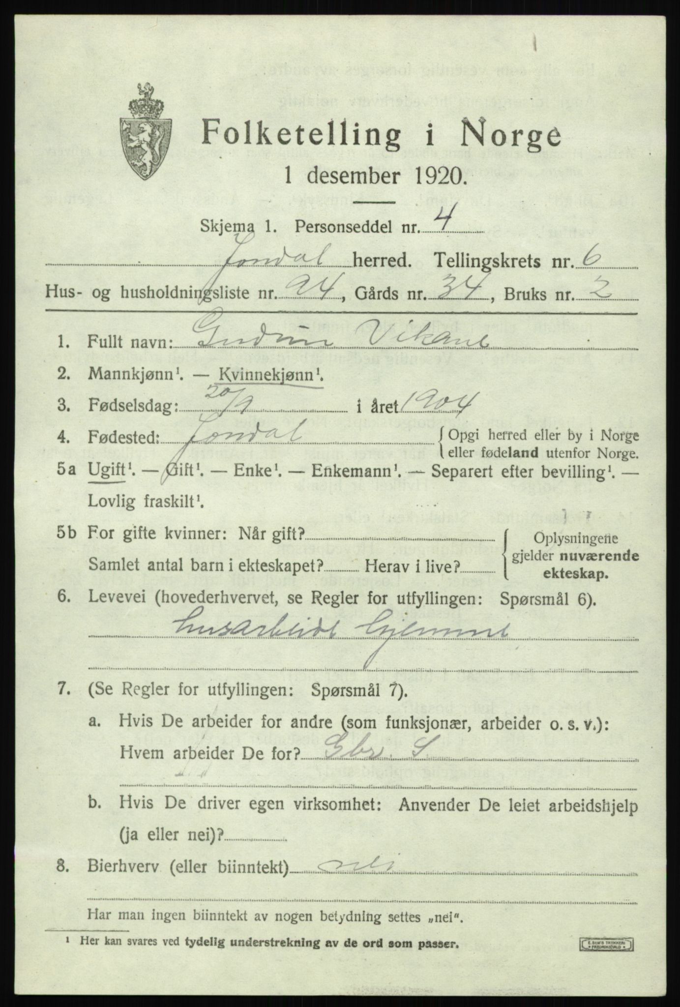 SAB, 1920 census for Jondal, 1920, p. 3738