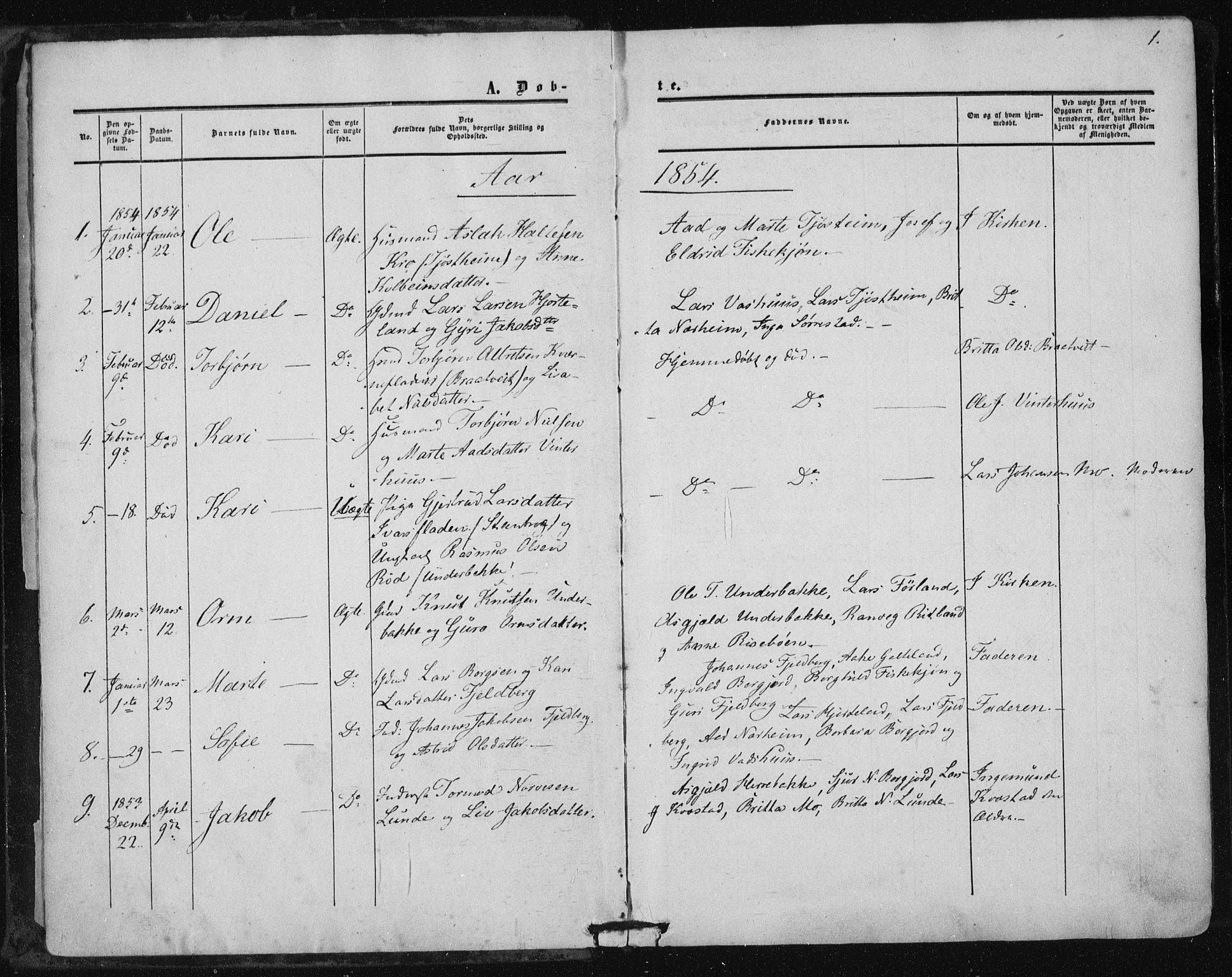 Suldal sokneprestkontor, SAST/A-101845/01/IV/L0009: Parish register (official) no. A 9, 1854-1868, p. 1