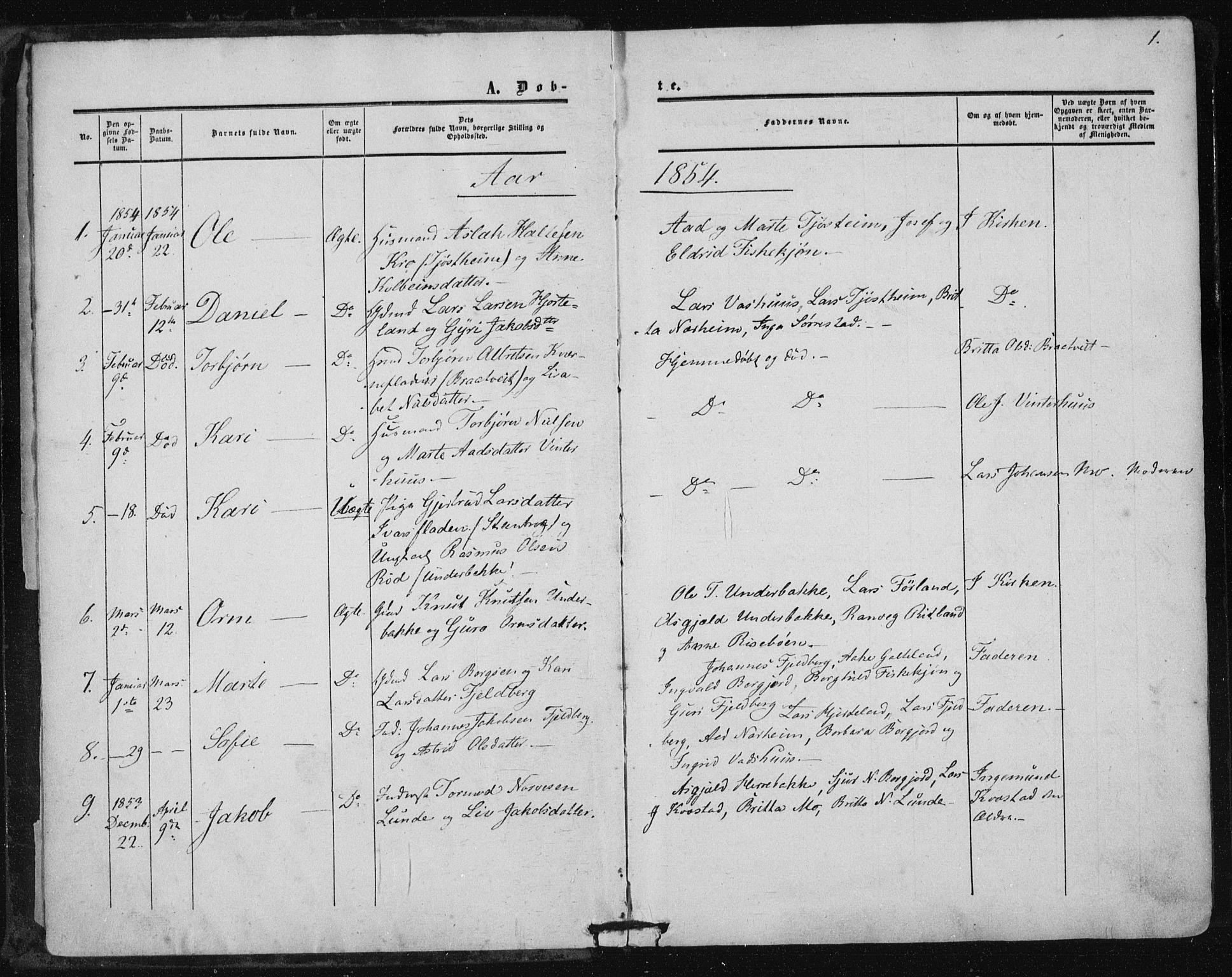 Suldal sokneprestkontor, AV/SAST-A-101845/01/IV/L0009: Parish register (official) no. A 9, 1854-1868, p. 1