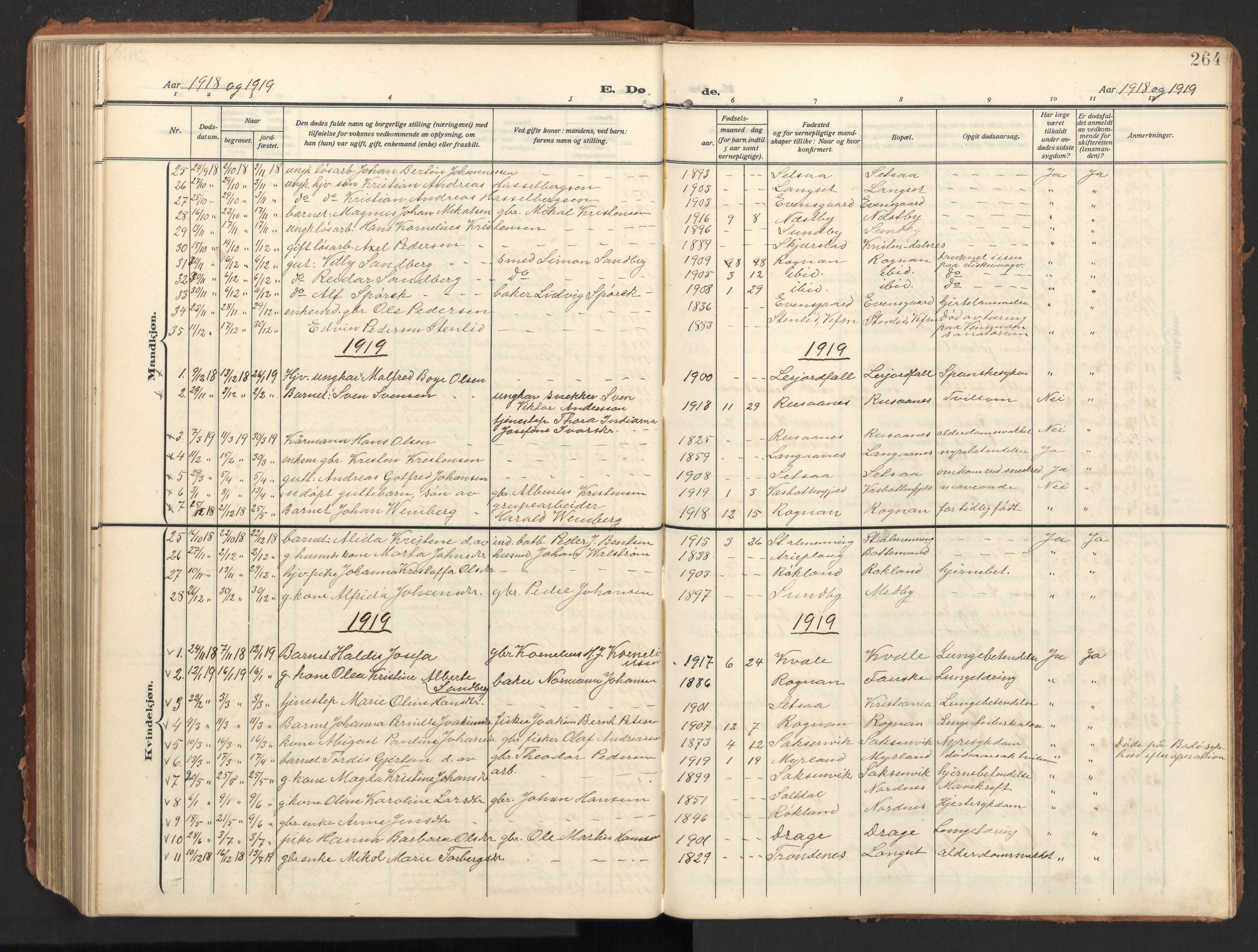 Ministerialprotokoller, klokkerbøker og fødselsregistre - Nordland, AV/SAT-A-1459/847/L0683: Parish register (copy) no. 847C11, 1908-1929, p. 264
